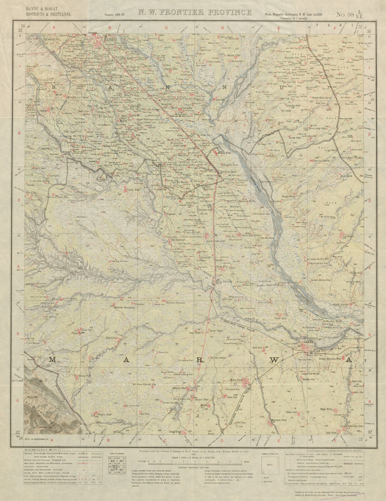 SURVEY OF INDIA 38 L/NE Pakistan Khyber Pakhtunkhwa Bannu Lakki Abba 1920 map