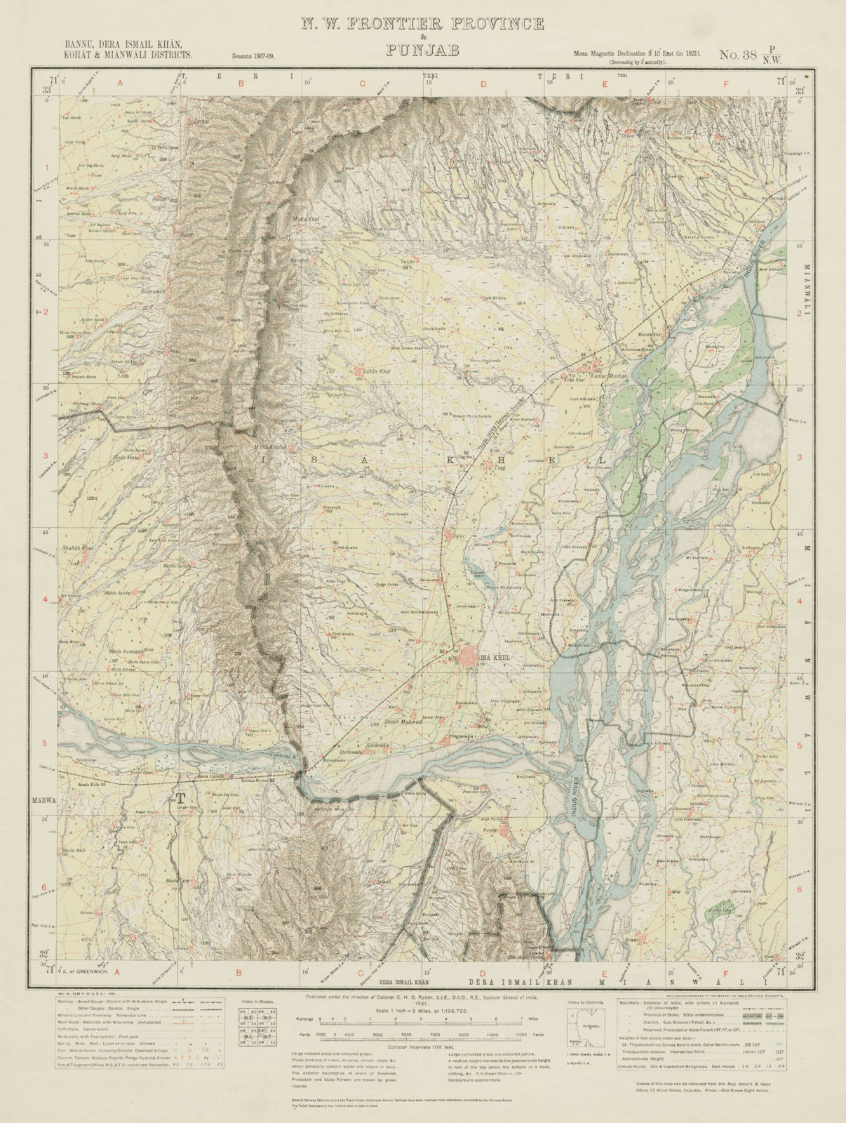 SURVEY OF INDIA 38 P/NW Pakistan Punjab Kamar Mushani Isakhel Indus 1921 map