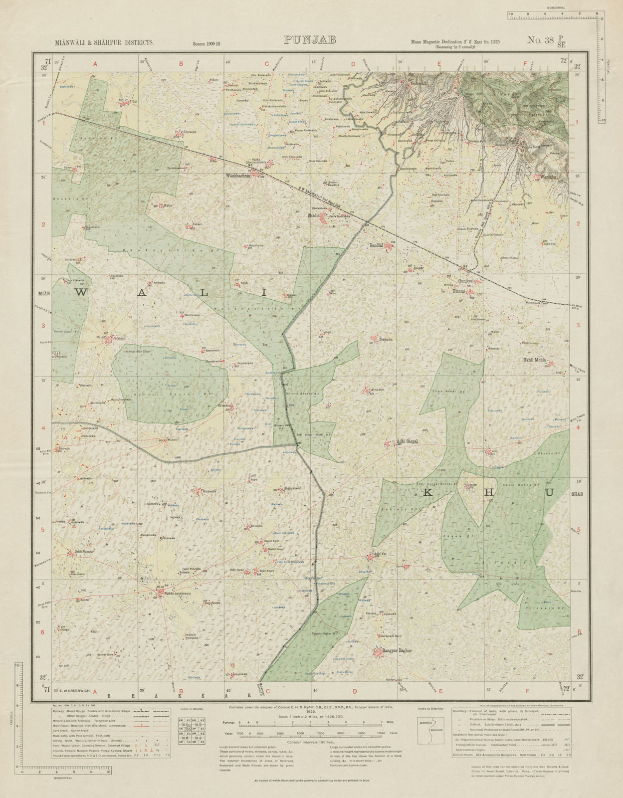 SURVEY OF INDIA 38 P/SE Pakistan Punjab Wan Bhachran Gunjiyal Adhikot 1922 map