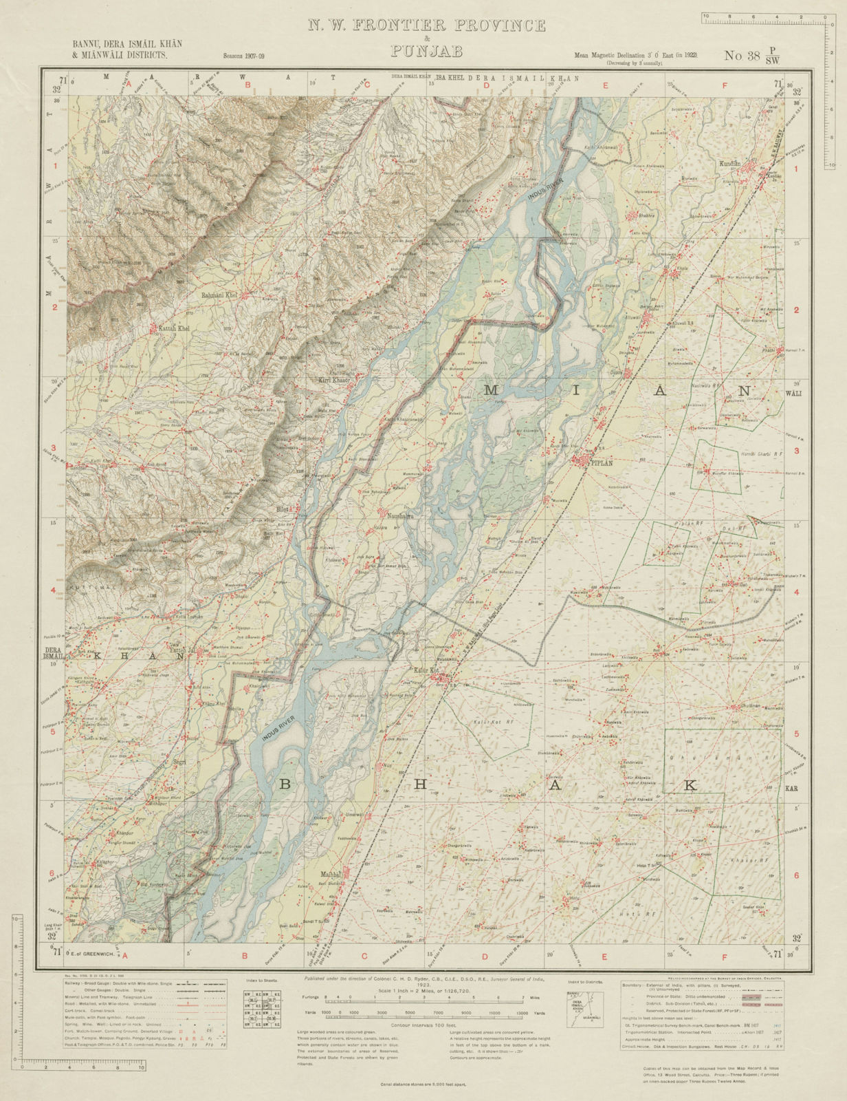 SURVEY OF INDIA 38 P/SW Pakistan Punjab Piplan Kalur Kot Kundian Indus 1923 map