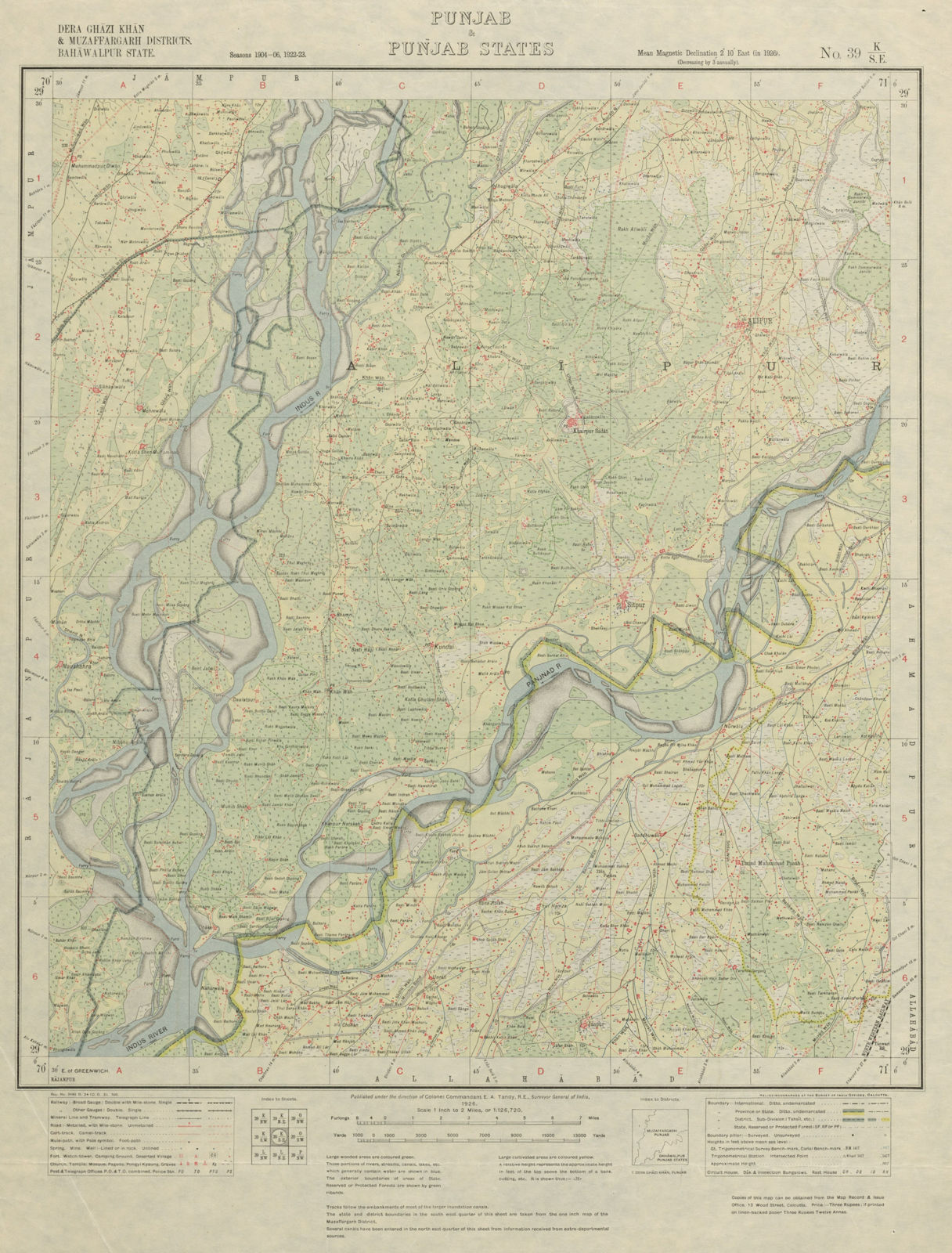 SURVEY OF INDIA 39 K/SE Pakistan Punjab Alipur Seetpur Janpur Indus 1926 map