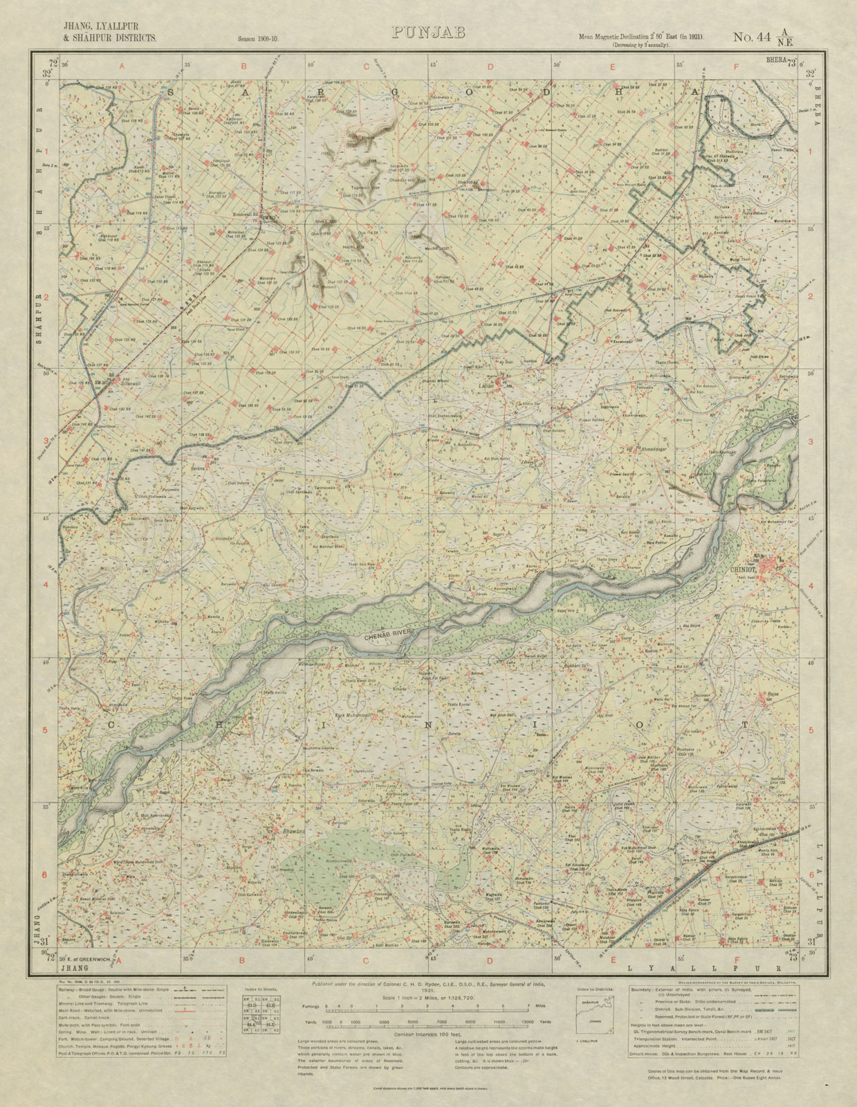 SURVEY OF INDIA 44 A/NE Pakistan Punjab Chiniot Chenab Nagar Lalian 1921 map