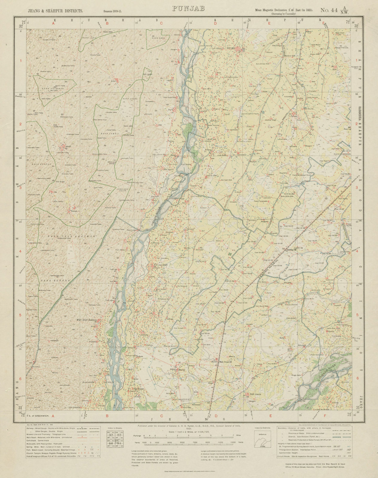SURVEY OF INDIA 44 A/NW Pakistan Punjab Jamali Mari Shah Sakhira Jhelum 1921 map