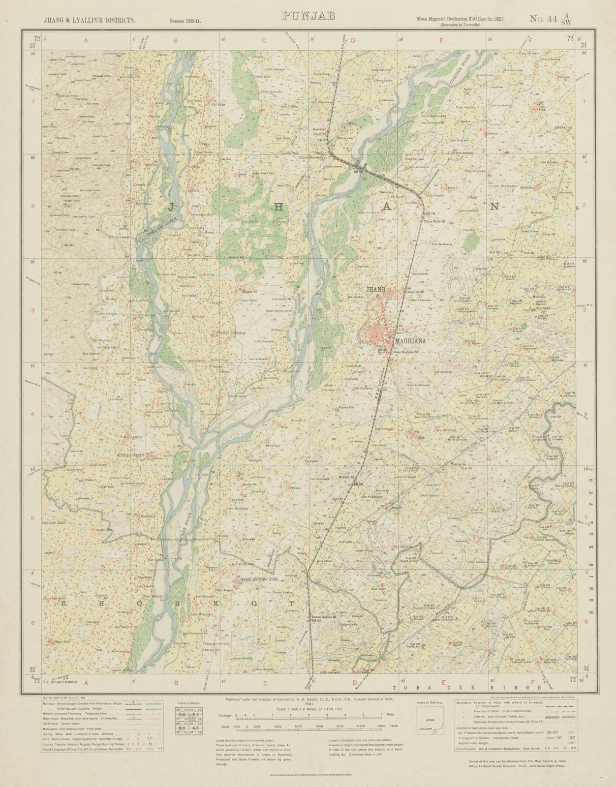 SURVEY OF INDIA 44 A/SW Pakistan Punjab Maghiana Jhang Chenab River 1921 map