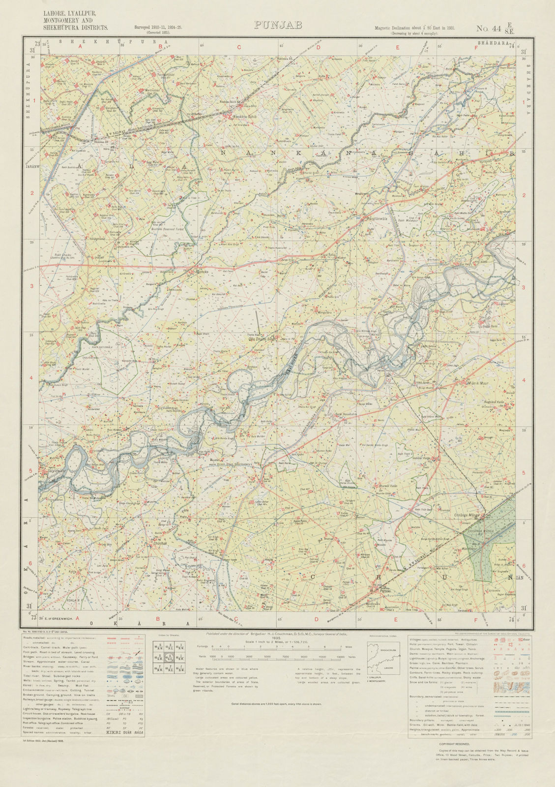 SURVEY OF INDIA 44 E/SE Pakistan Punjab Pattoki Nankana Sahib Phool Nag 1935 map