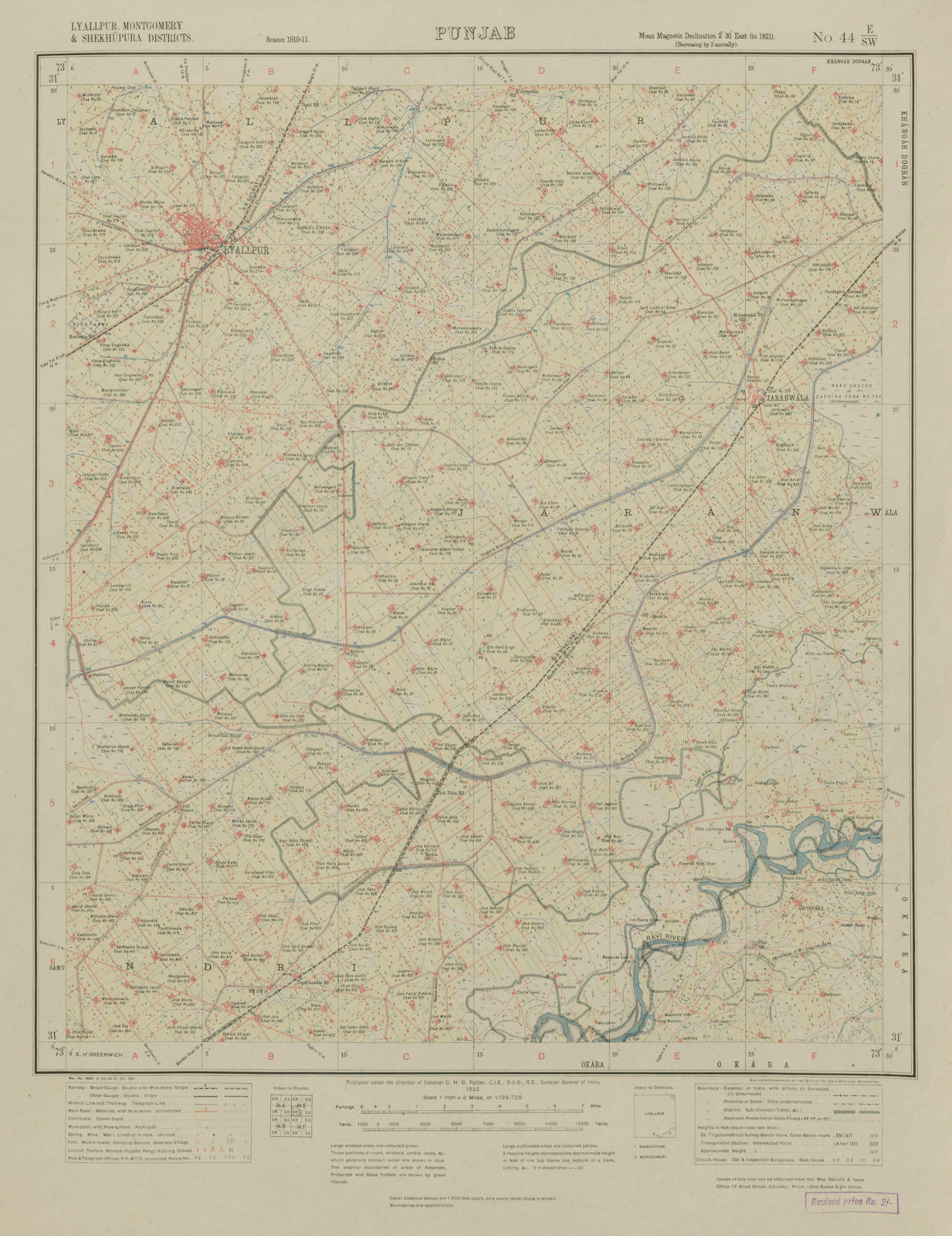 SURVEY OF INDIA 44 E/SW Pakistan Punjab Faisalabad (Lyallpur) Jaranwala 1922 map