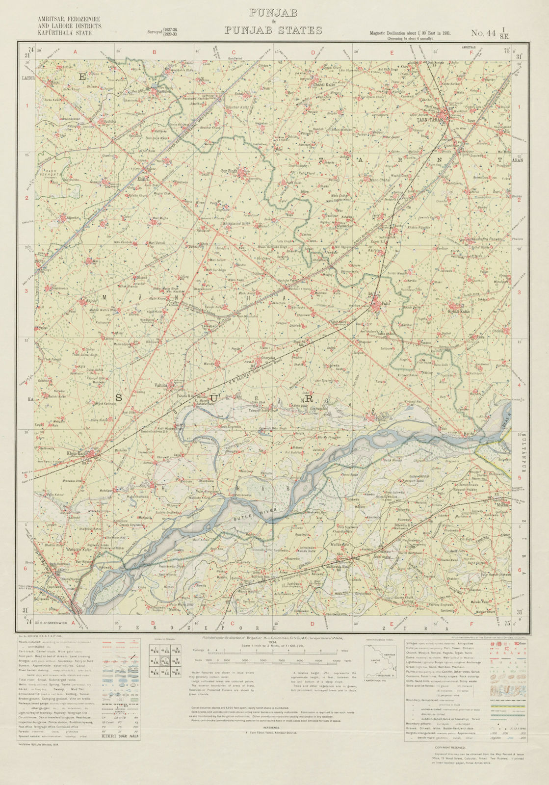 SURVEY OF INDIA 44 I/SE Punjab Tarn Taran Sahib Khemkaran Patti Harike 1934 map