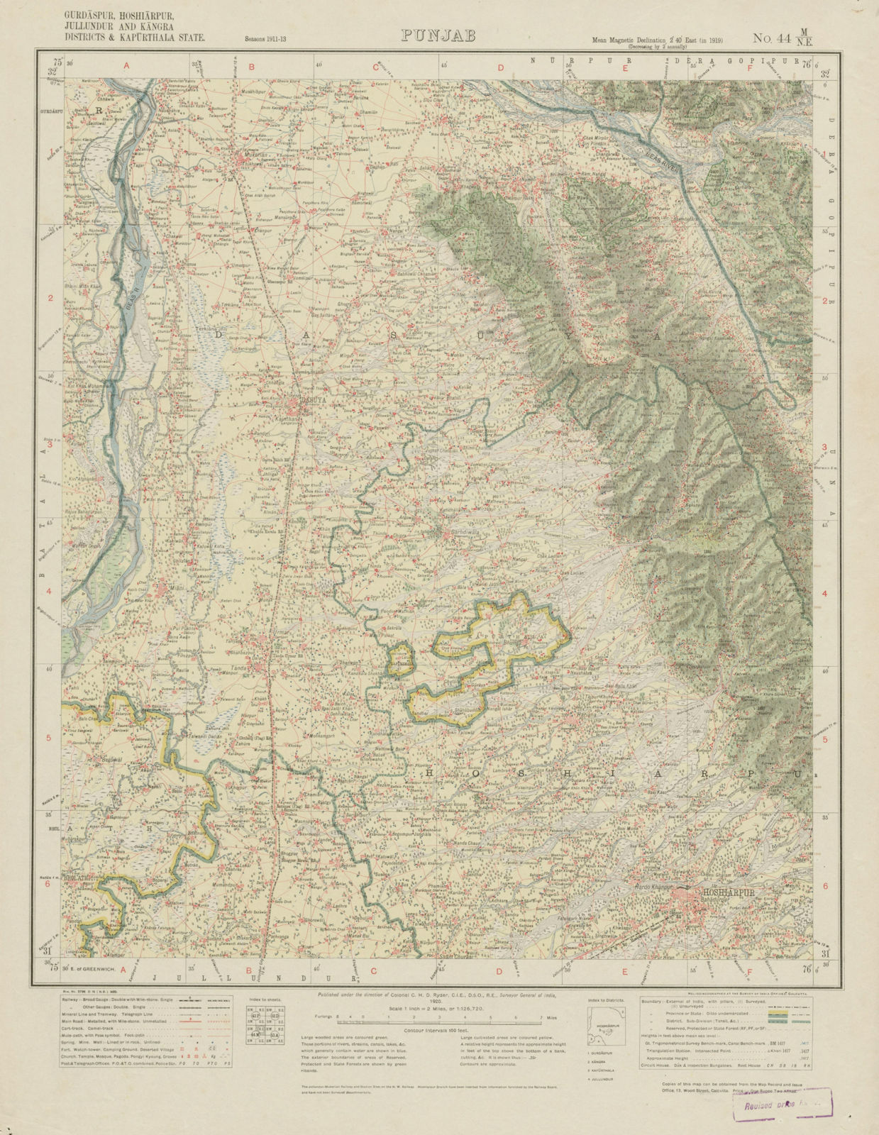 SURVEY OF INDIA 44 M/NE Pakistan Punjab Hoshiarpur Dasuya Mukerian 1920 map