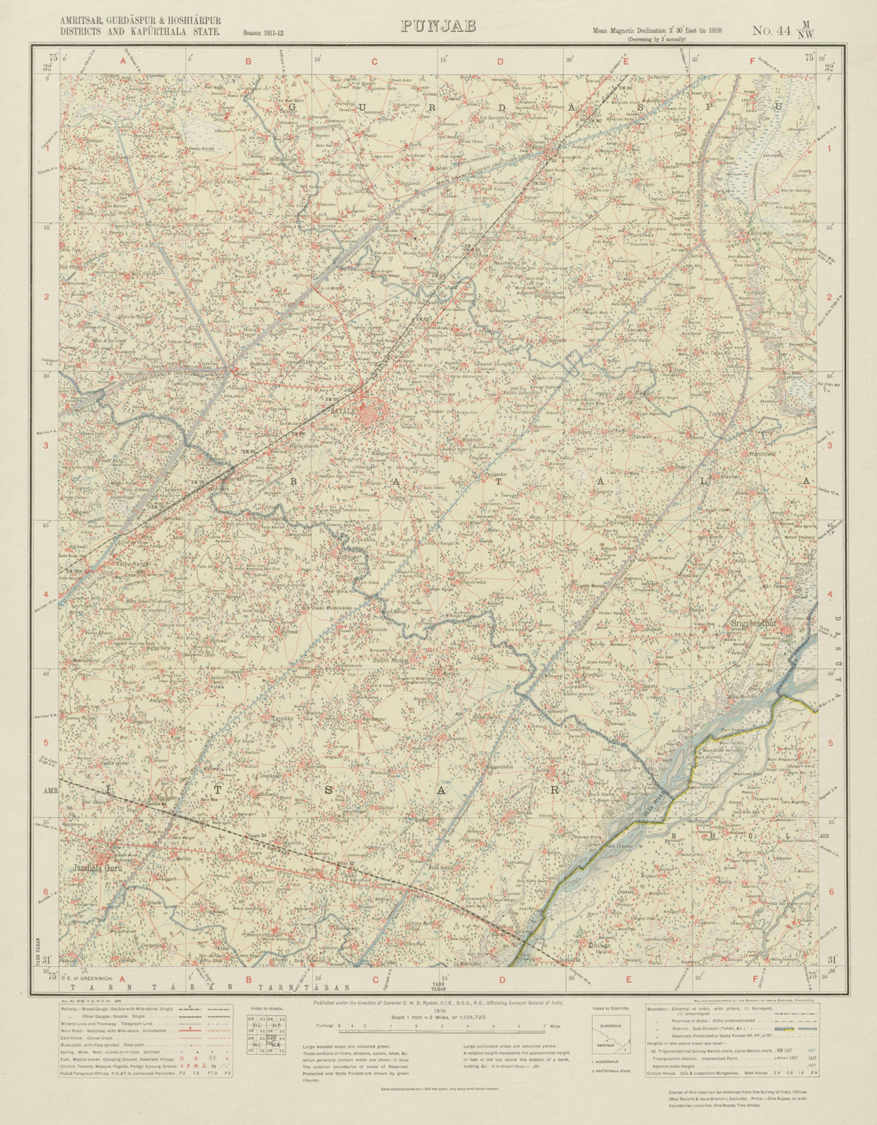 SURVEY OF INDIA 44 M/NW Pakistan Punjab Batala Jandiala Hargobindpur  1919 map