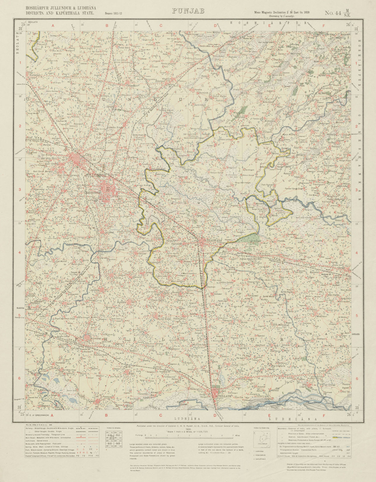 SURVEY OF INDIA 44 M/SE Pakistan Punjab Jalandhar Phillaur Phagwara 1920 map