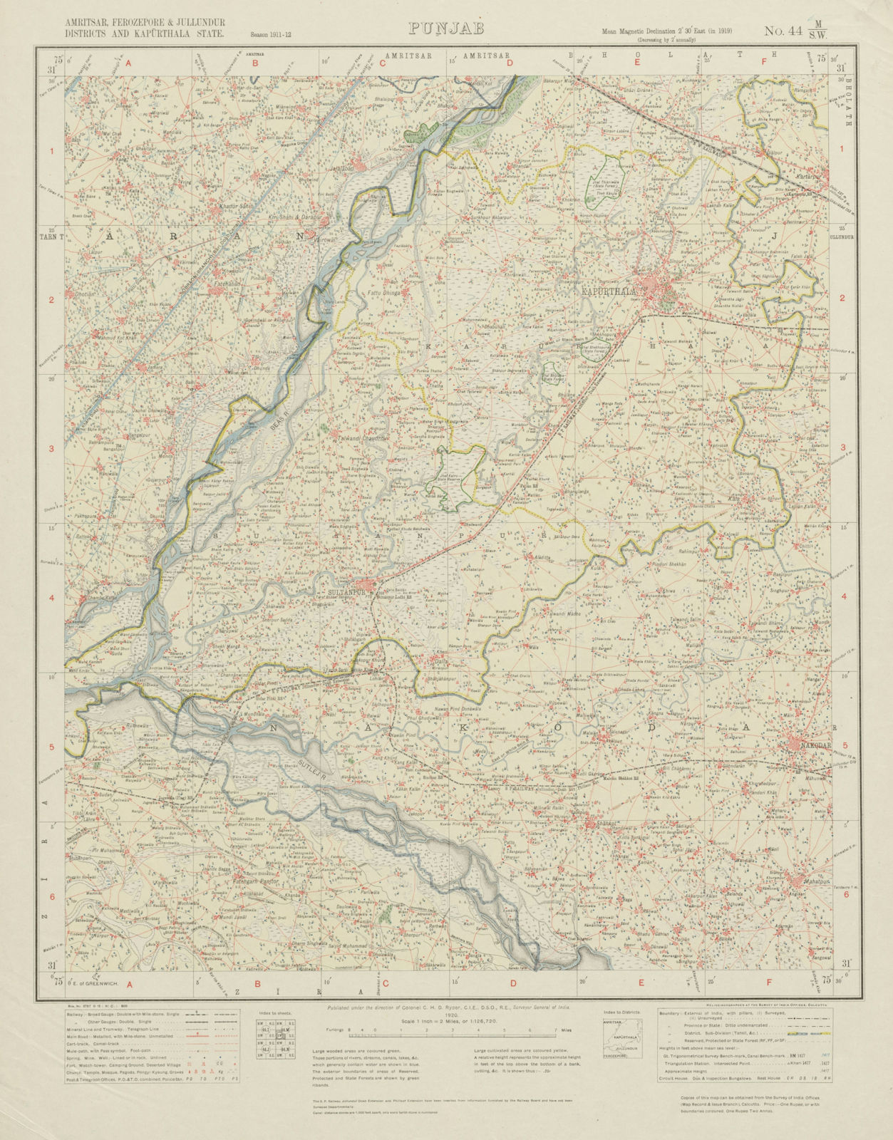 SURVEY OF INDIA 44 M/SW Pakistan Punjab Kapurthala Nakodar Sultanpur 1920 map