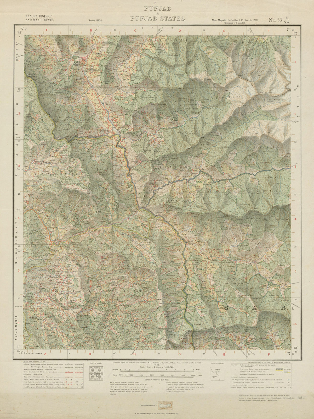 SURVEY OF INDIA 53 E/NW Himachal Pradesh Kullu Pandoh Shoja Bhuntar 1923 map