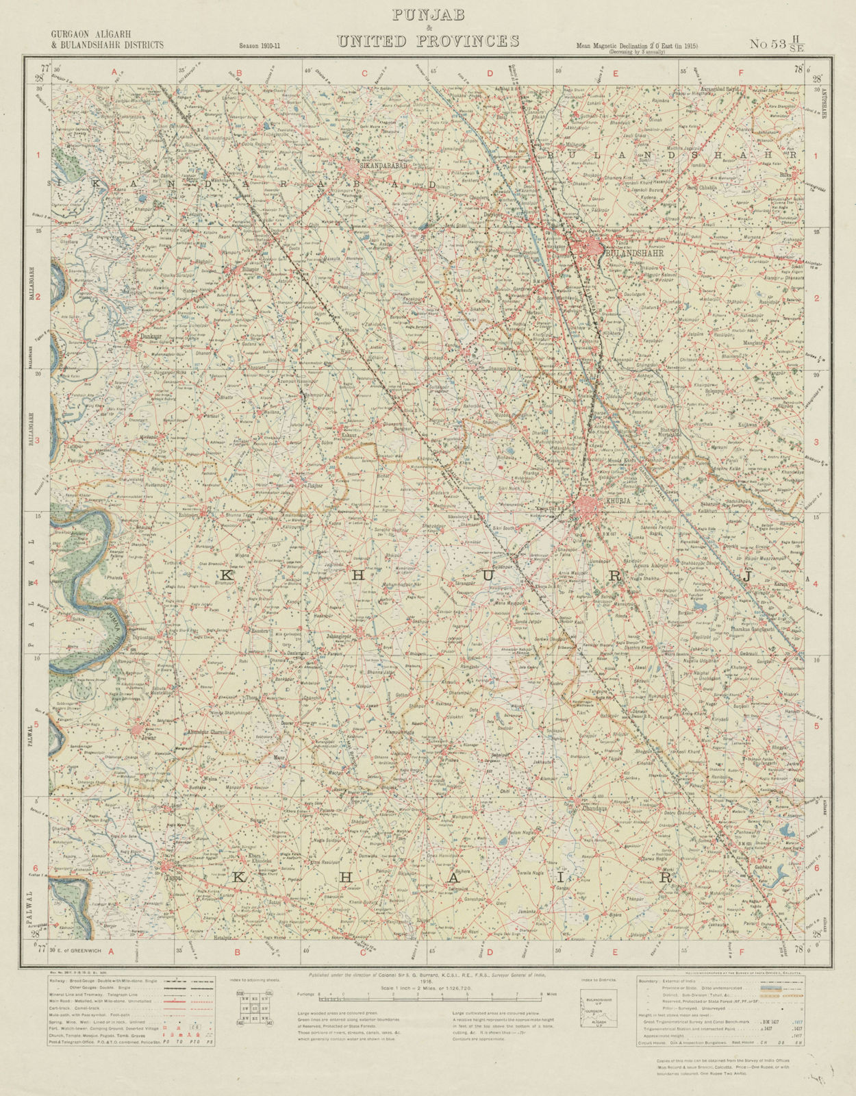 SURVEY OF INDIA 53 H/SE Uttar Pradesh Bulandshahr Khurja Noida Delhi 1916 map