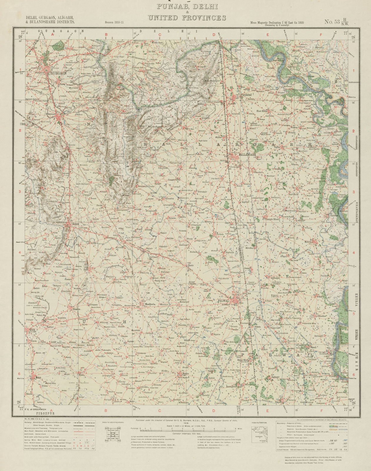 SURVEY OF INDIA 53 H/SW South Delhi Gurugram Faridabad Palwal Sohna 1916 map