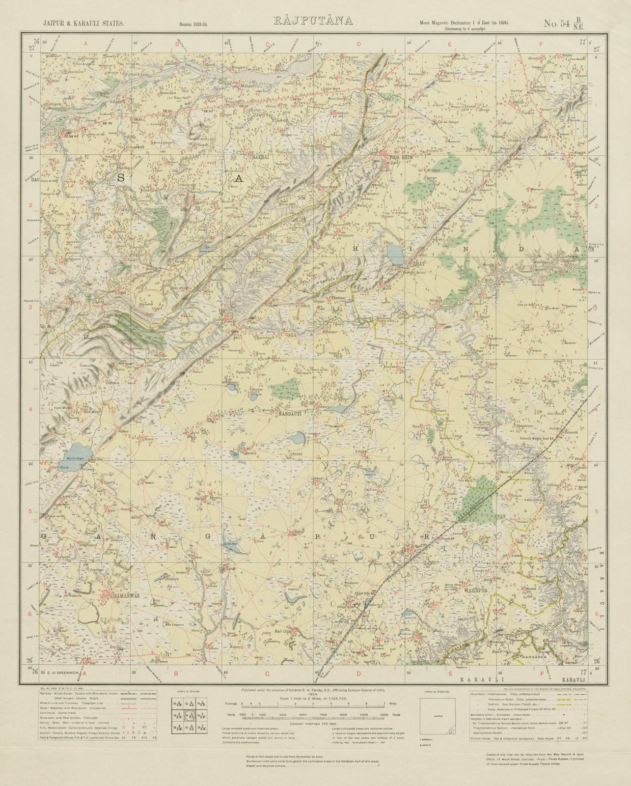 SURVEY OF INDIA 54 B/NE Rajasthan Bamanwas Kemla Mehandipur Bamanpura 1924 map