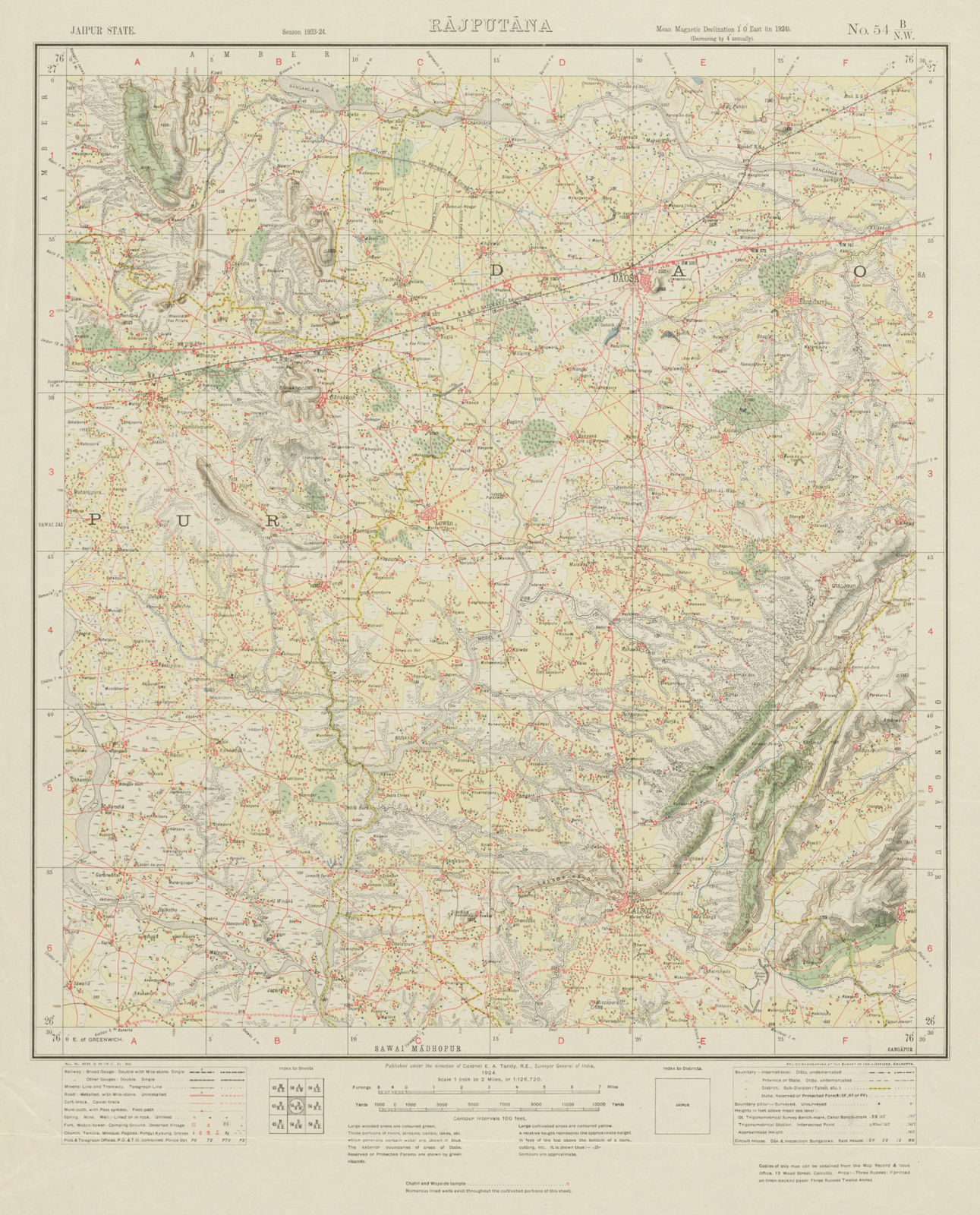 SURVEY OF INDIA 54 B/NW Rajasthan Dausa Lalsot Bassi Bhandrej Lawan 1924 map