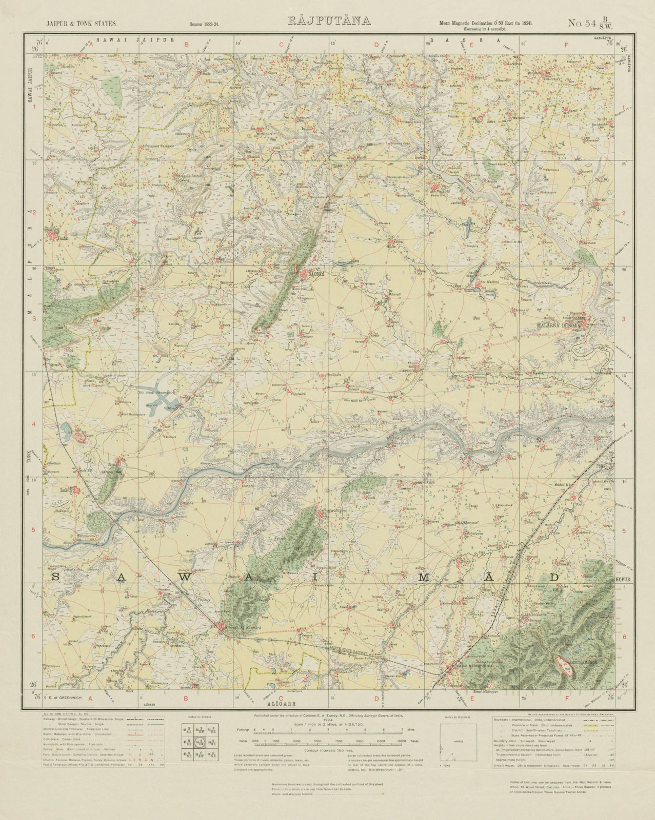 SURVEY OF INDIA 54 B/SW Rajasthan Bonli Ranthambore Fort/Tiger Reserve 1924 map
