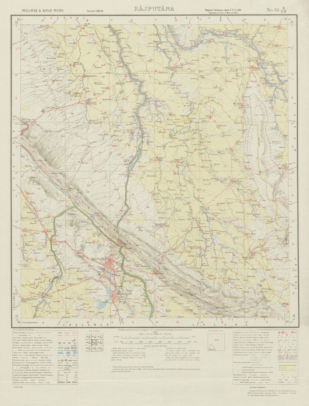 SURVEY OF INDIA 54 D/NW Rajasthan Jhalawar Jhalrapatan Gagron Fort 1936 map