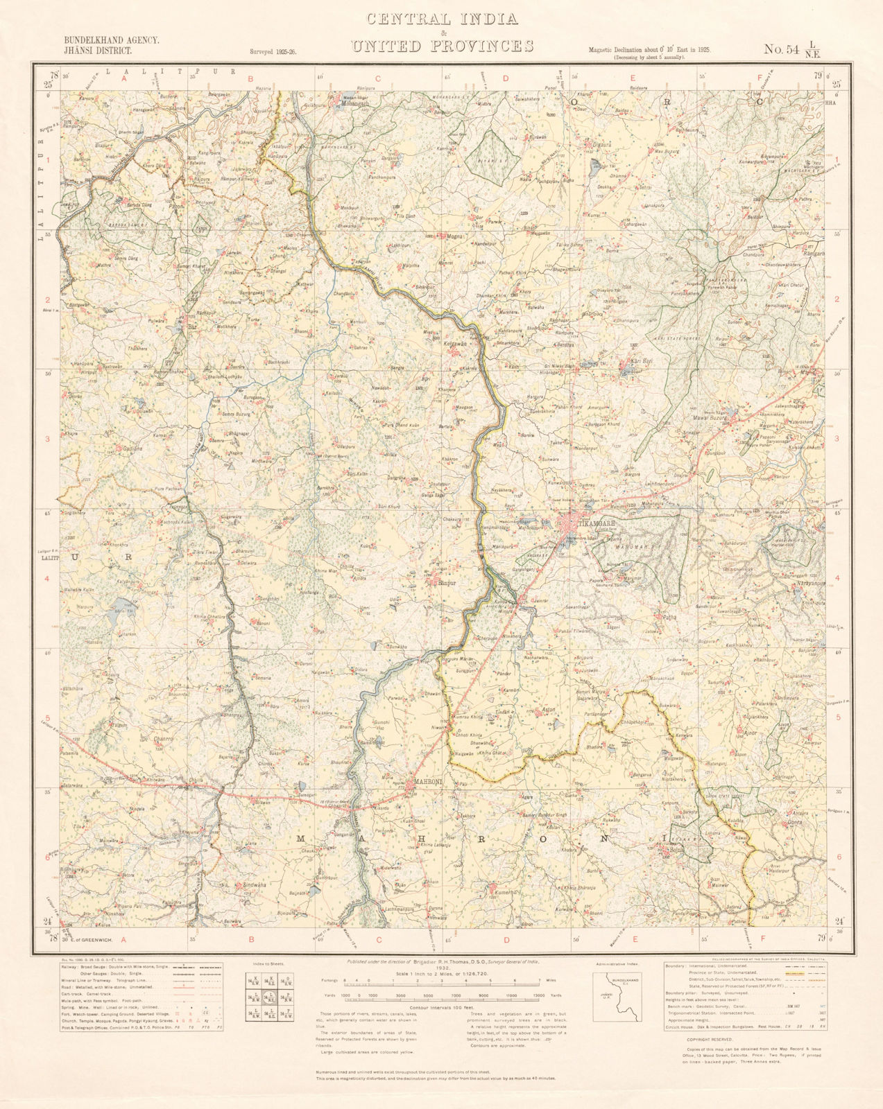 SURVEY OF INDIA 54 L/NE Madhya Pradesh Tikamgarh Mahrauni Jamni River 1932 map