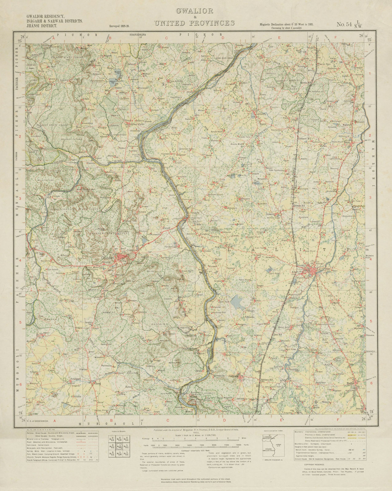 SURVEY OF INDIA 54 L/NW Madhya/Uttar Pradesh Lalitpur Chanderi Rajghat 1932 map
