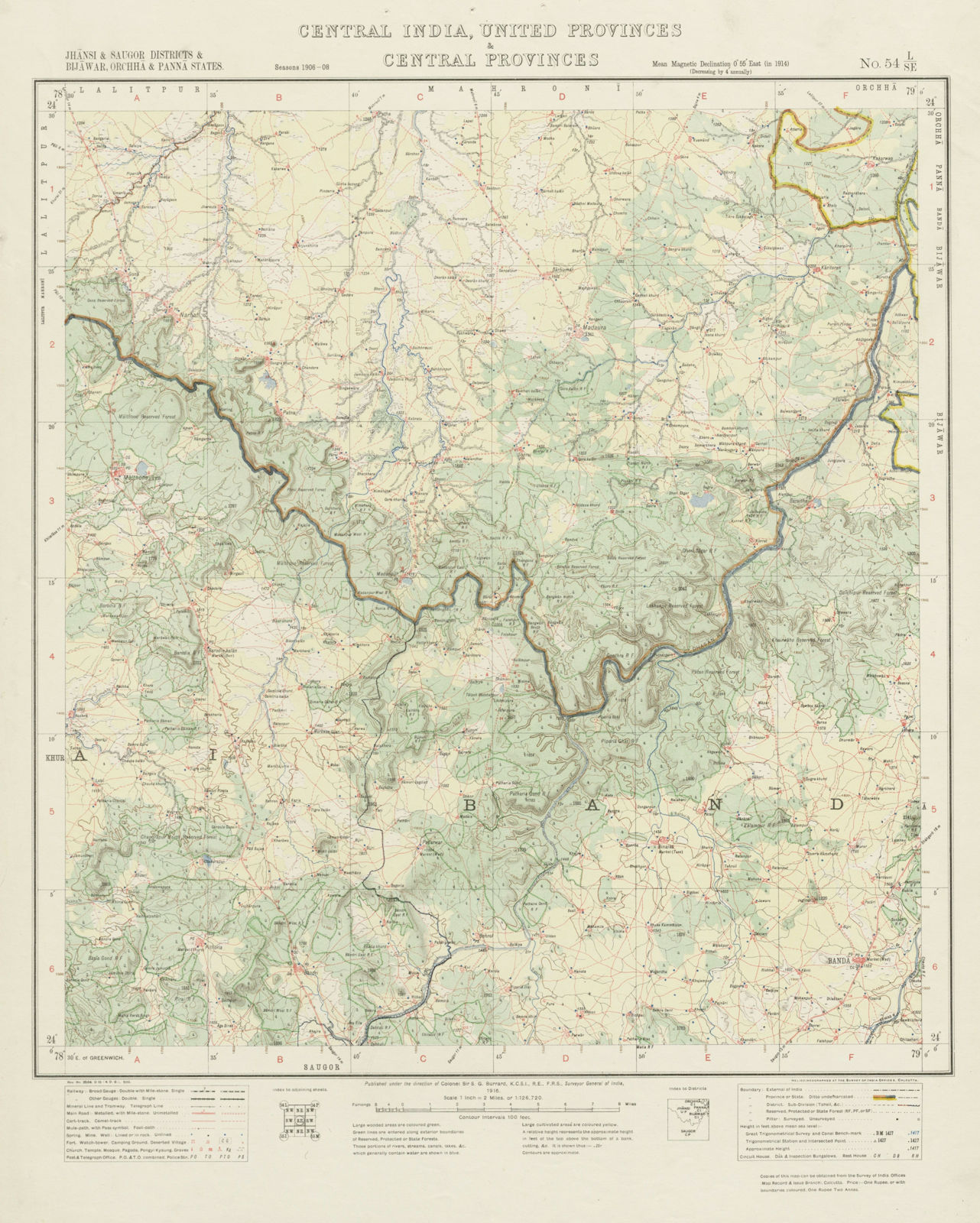 SURVEY OF INDIA 54 L/SE Madhya/Uttar Pradesh Malthone Rajwas Banda Rakh 1916 map