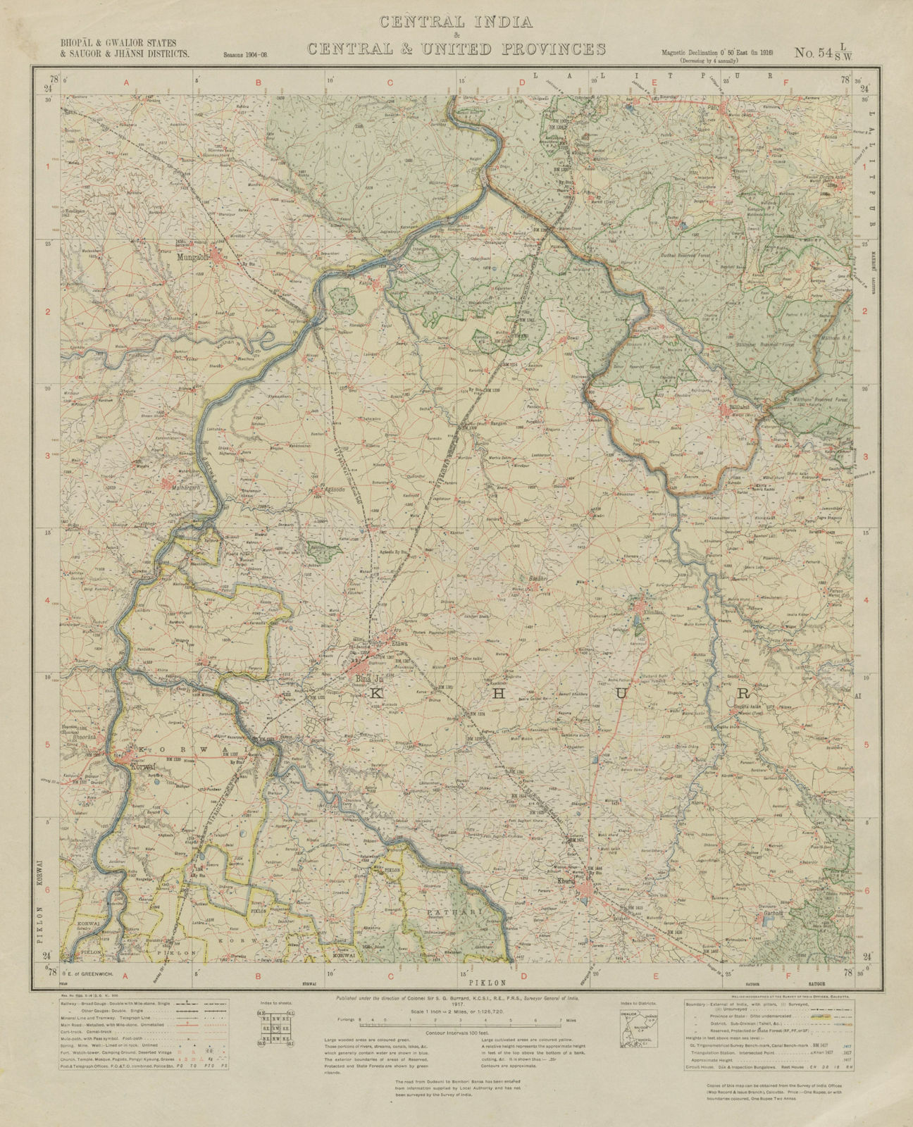 SURVEY OF INDIA 54 L/SW Madhya Pradesh Bina Khurai Dhaura Mungaoli Pali 1917 map