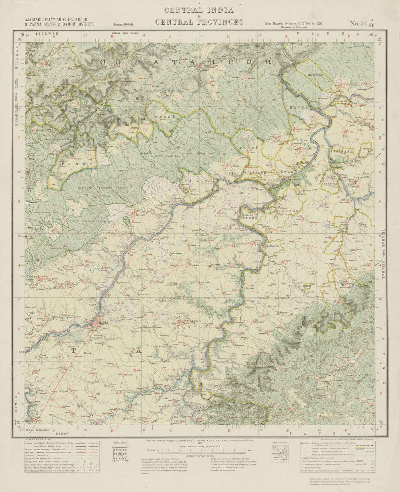 SURVEY OF INDIA 54 P/SE Madhya Pradesh Hatta Budwar Khalon Panna 1917 old map