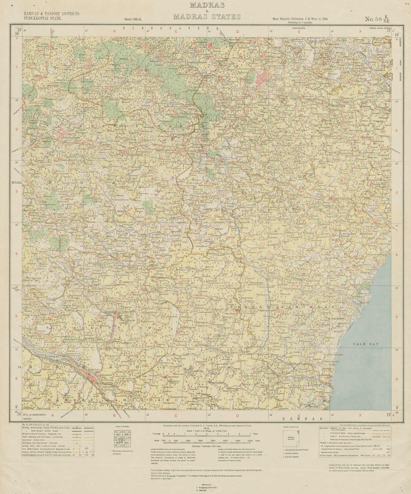 Associate Product SURVEY OF INDIA 58 K/NE Tamil Nadu Devakottai Paramakudi Palk Bay 1924 old map