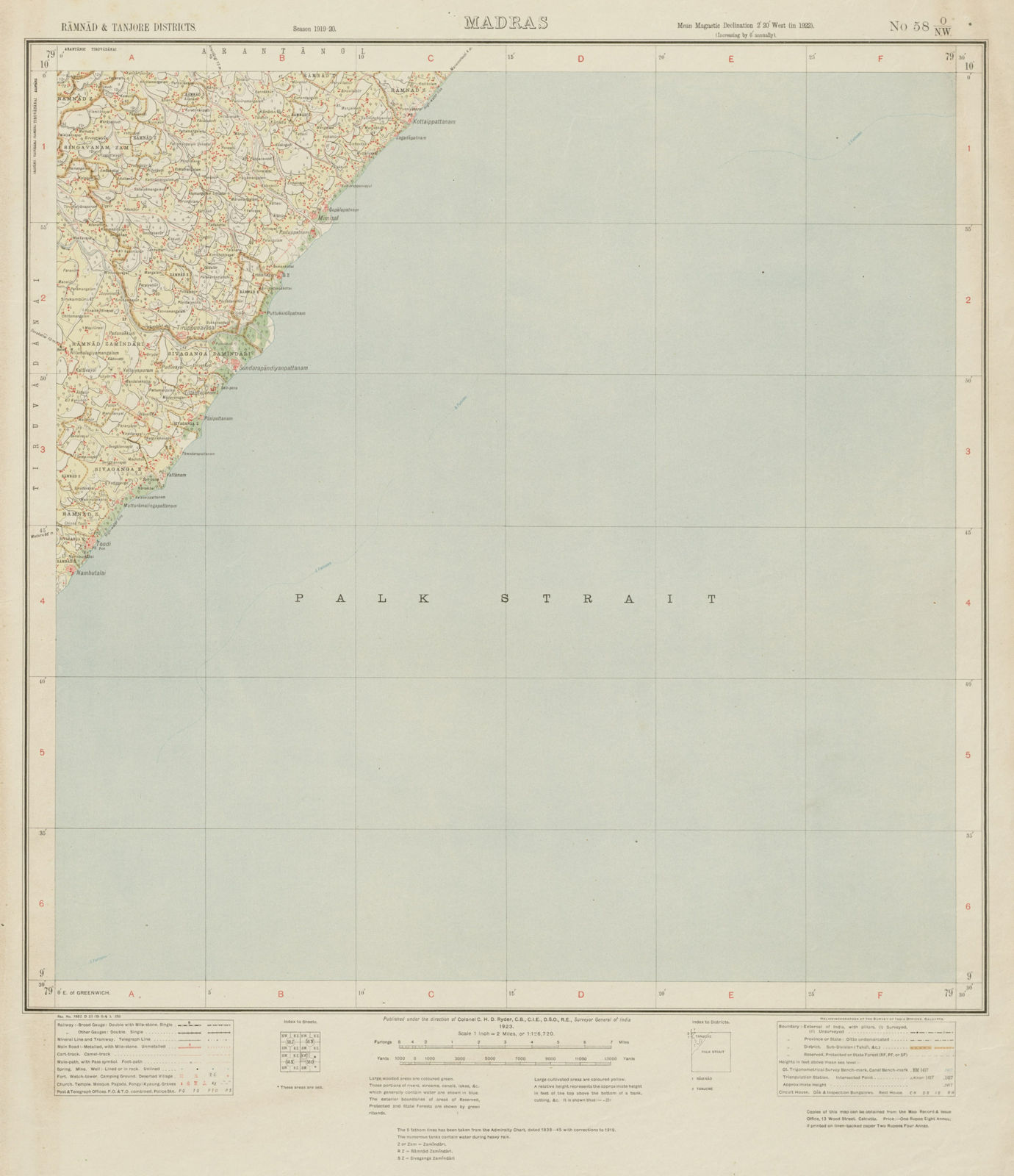 SURVEY OF INDIA 58 O/NW Tamil Nadu Thondi Kottaippattanam Palk Strait 1923 map