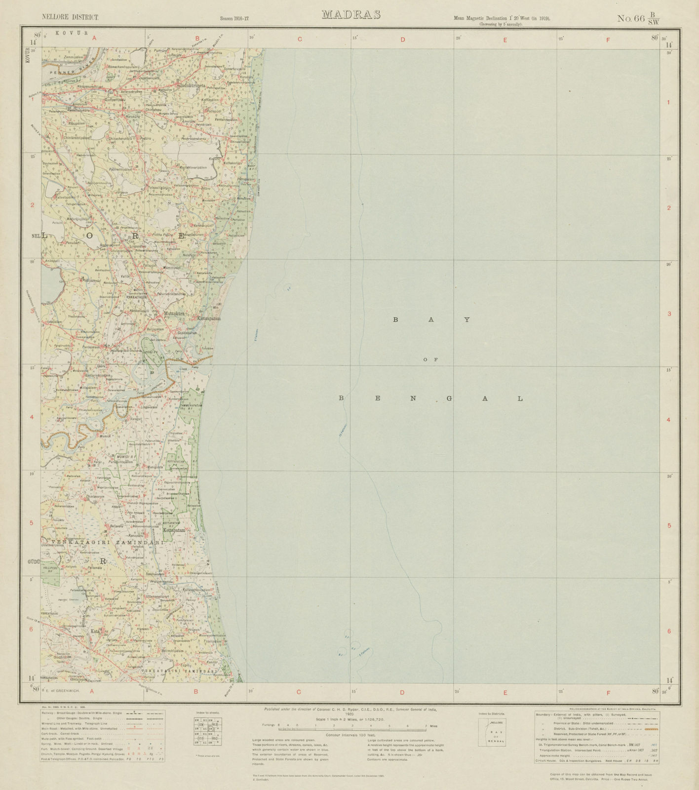 SURVEY OF INDIA 66 B/SW Andhra Pradesh Nellore Krishnapatnam Siddavaram 1920 map