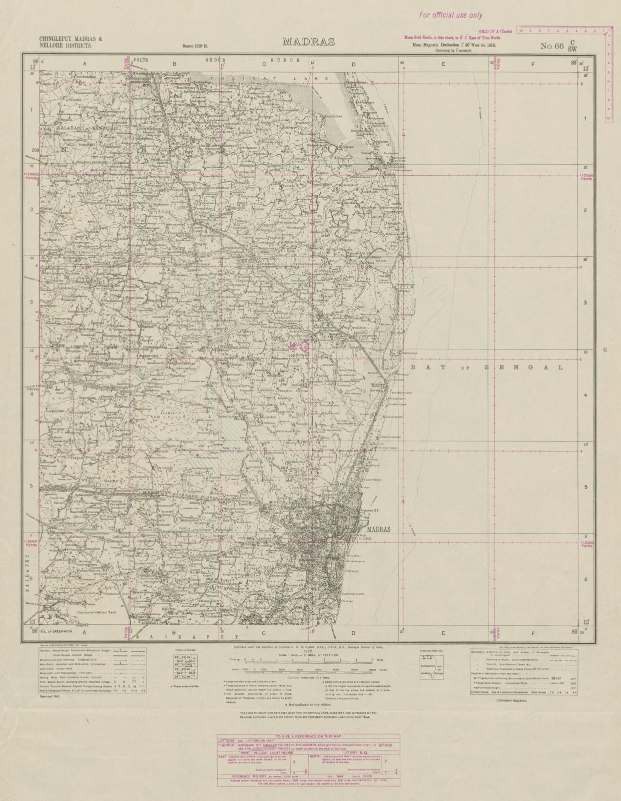 SURVEY OF INDIA 66 C/SW Tamil Nadu Chennai Madras Pulicat Lake Ponneri 1922 map