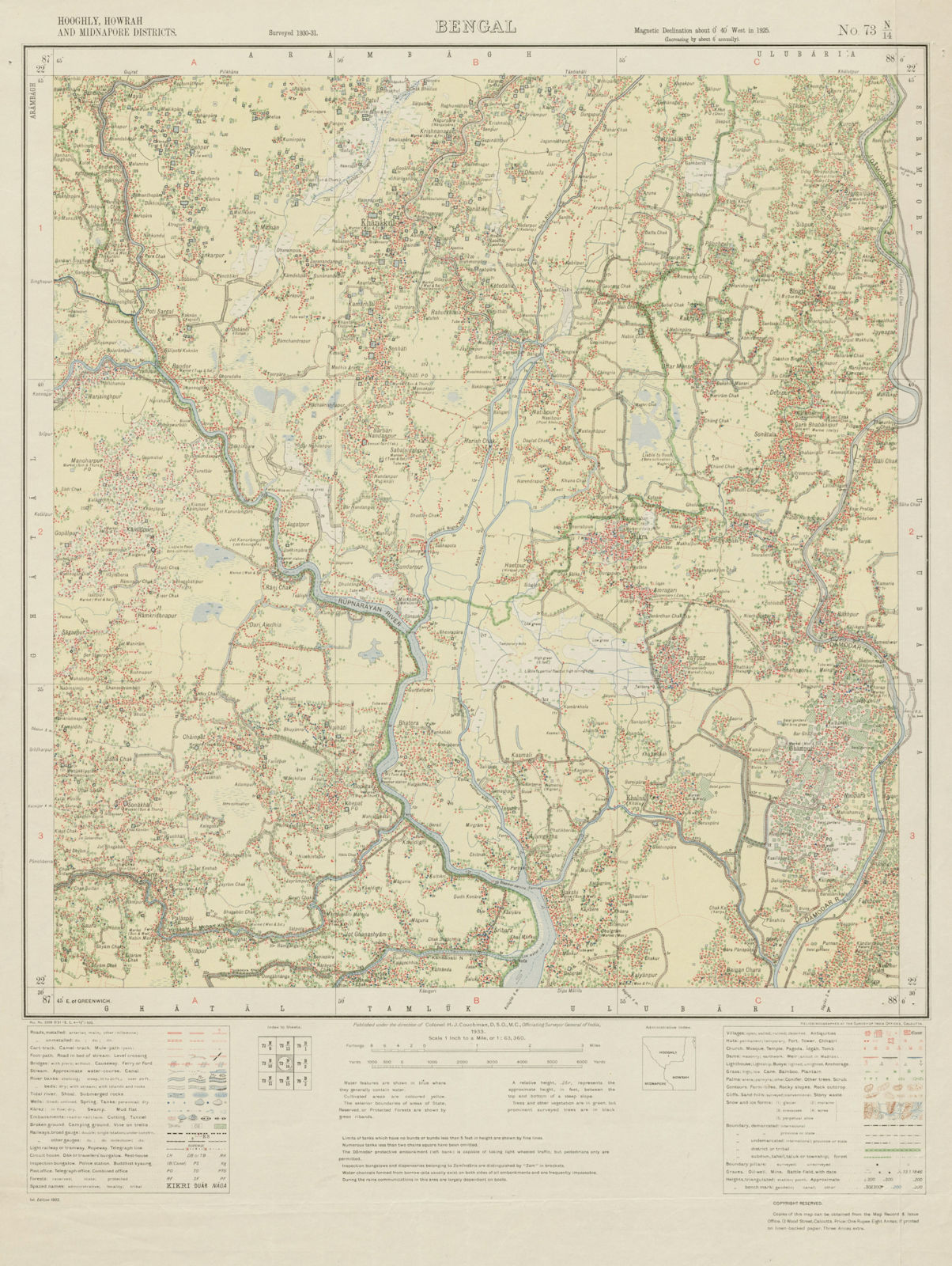 Associate Product SURVEY OF INDIA 73 N/13 West Bengal Udaynarayanpur Kalna Khanakul 1933 old map