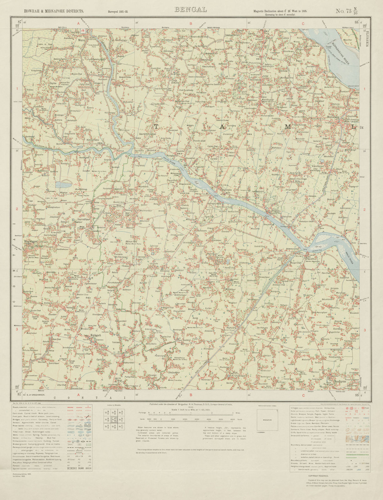 Associate Product SURVEY OF INDIA 73 N/16 West Bengal Nandakumar Bajkul Deuli Bhagabanpur 1932 map