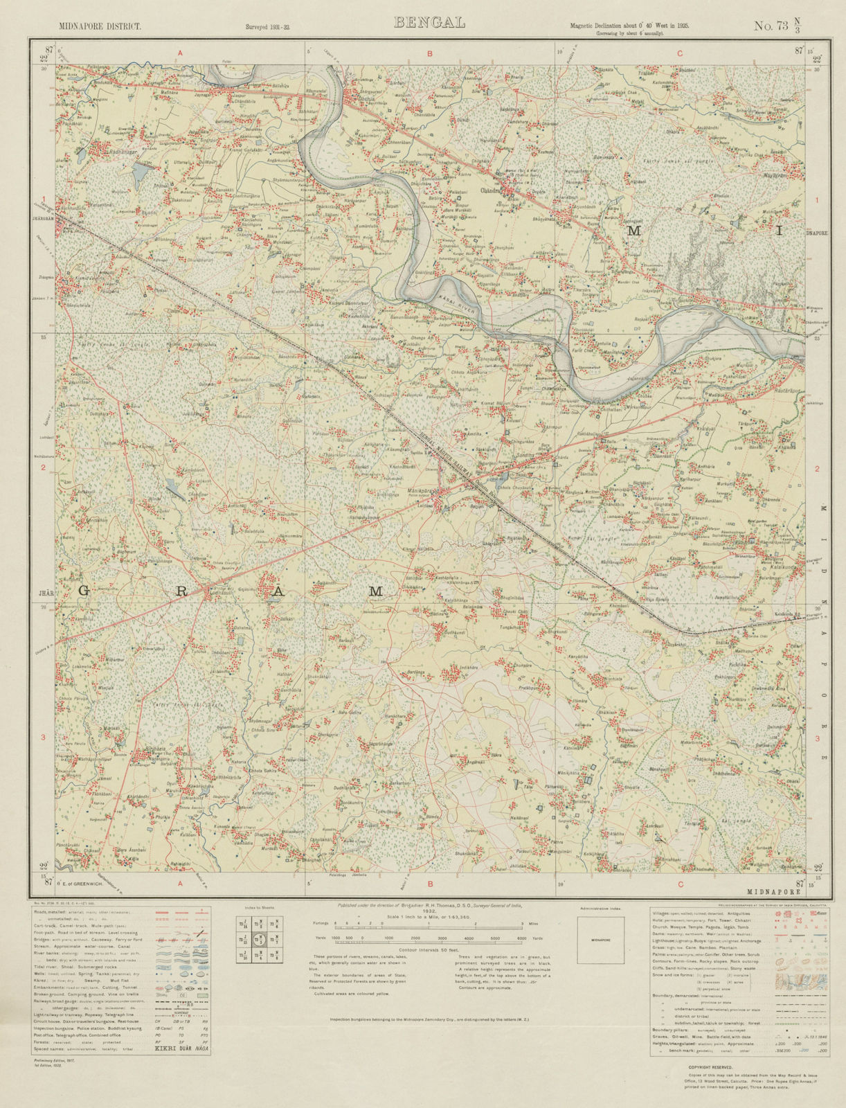 SURVEY OF INDIA 73 N/3 West Bengal Manikpara Gojasimul Kharagpur Putki 1932 map