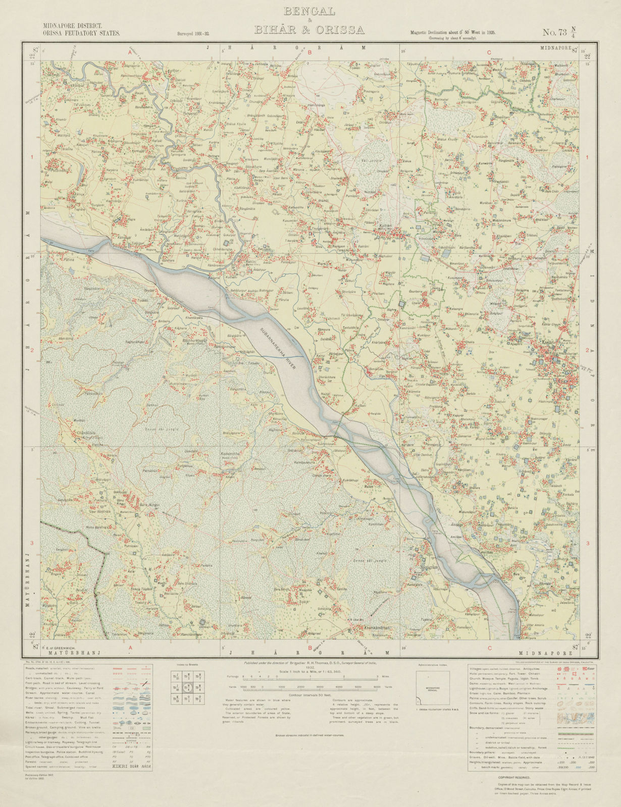 SURVEY OF INDIA 73 N/4 West Bengal Keshiary Sankrail Rohini Kultikri 1932 map