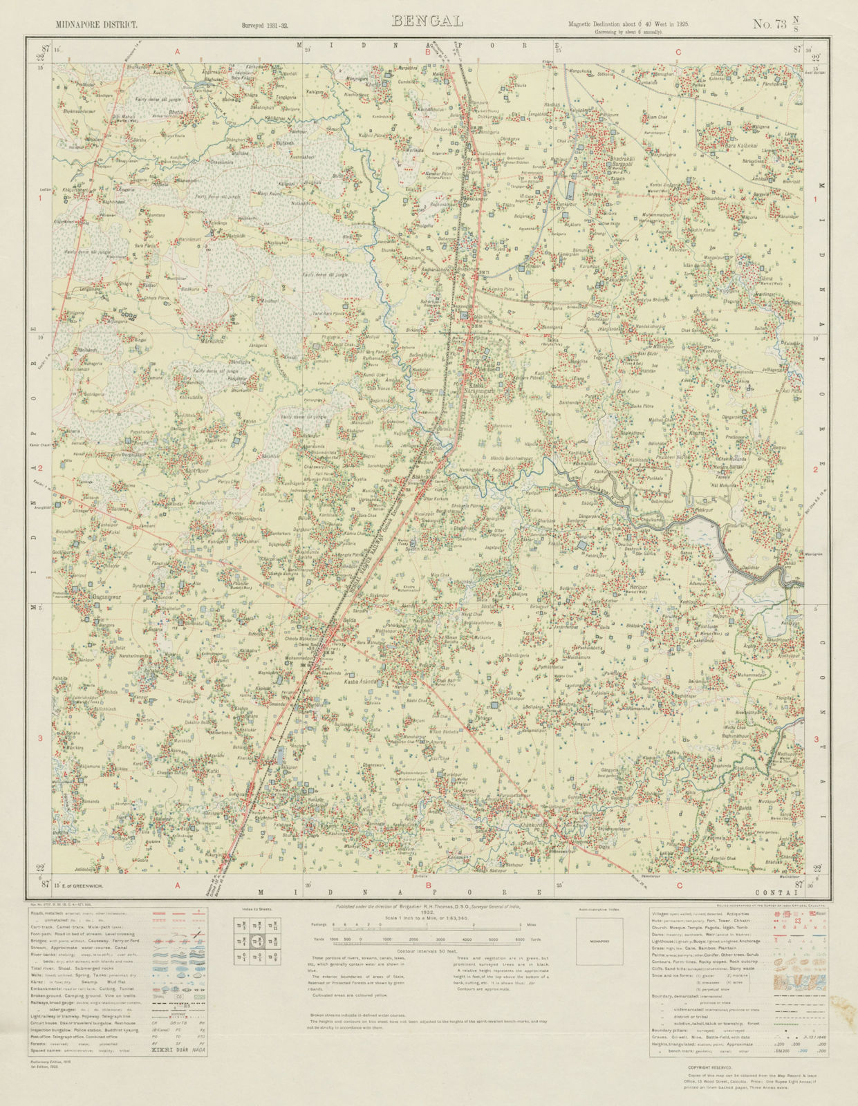 SURVEY OF INDIA 73 N/8 West Bengal Belda Kasba Narayangarh Nikursini 1931 map