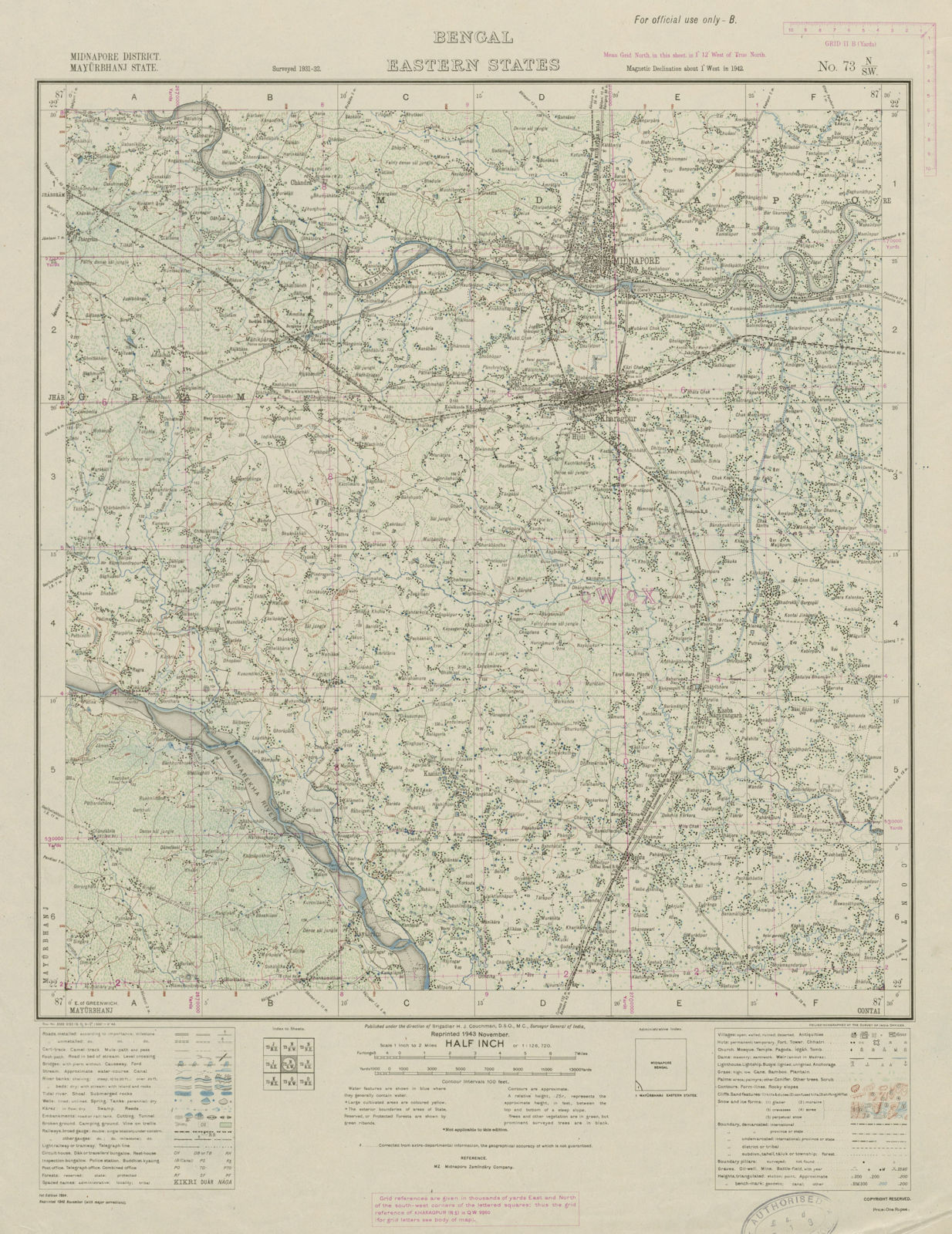 SURVEY OF INDIA 73 N/SW West Bengal Medinipur Kharagpur Belda Sankrail 1943 map
