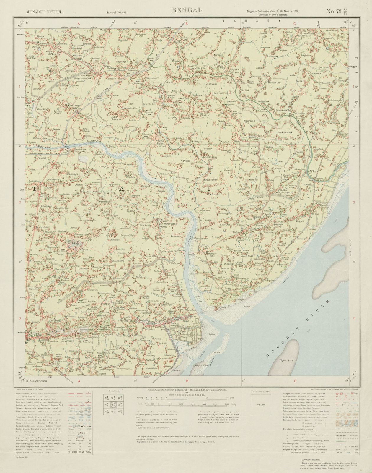 SURVEY OF INDIA 73 O/13 West Bengal Contai Henria Basantia Kasaria Boga 1932 map