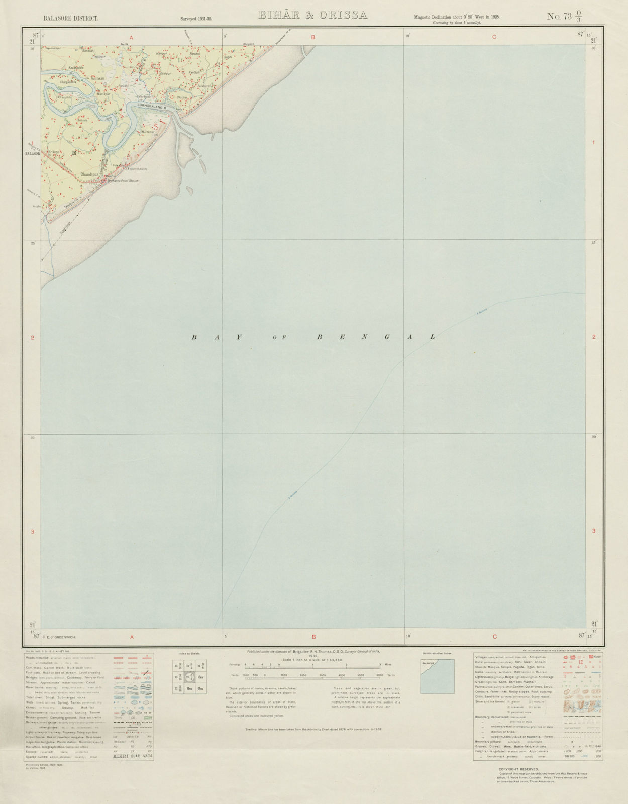 SURVEY OF INDIA 73 O/3 Odisha Chandipur-on-Sea Baleswar Budhabalang 1932 map