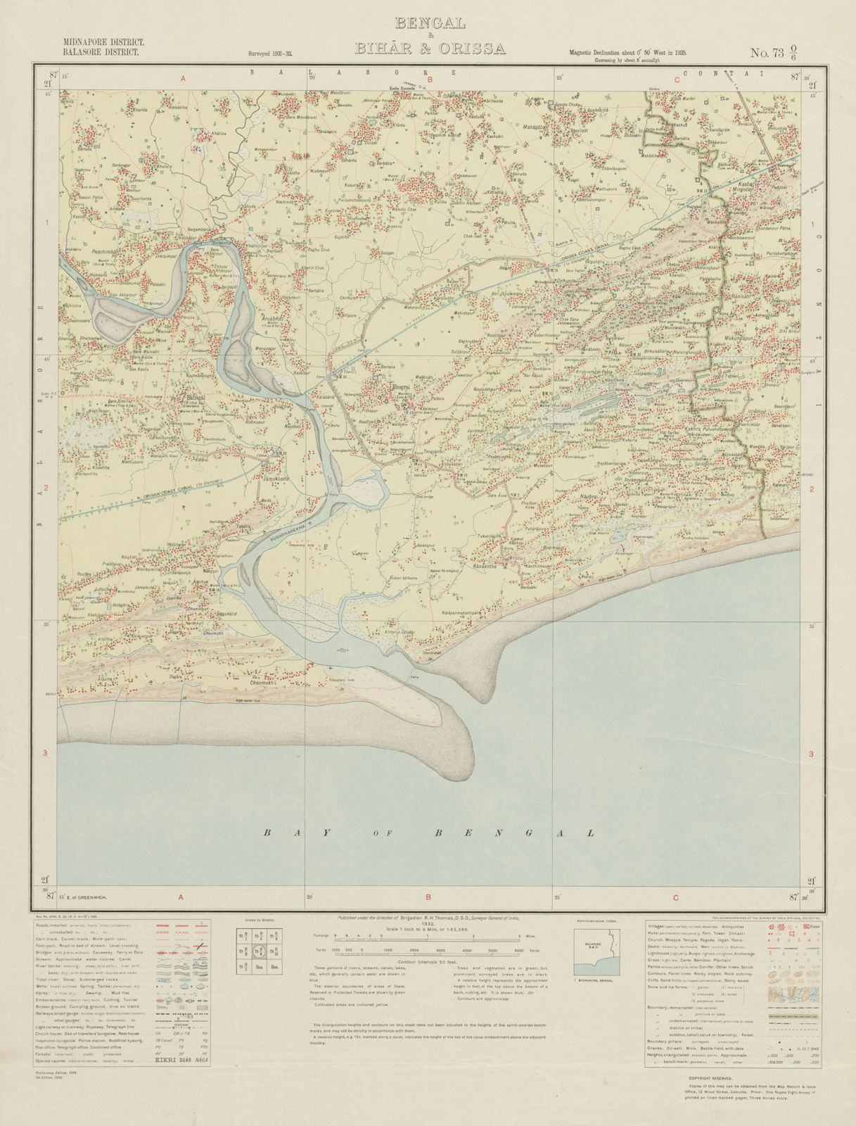 SURVEY OF INDIA 73 O/6 Odisha Chaumuk Baliapal Chaumukh Subarnarekha 1932 map