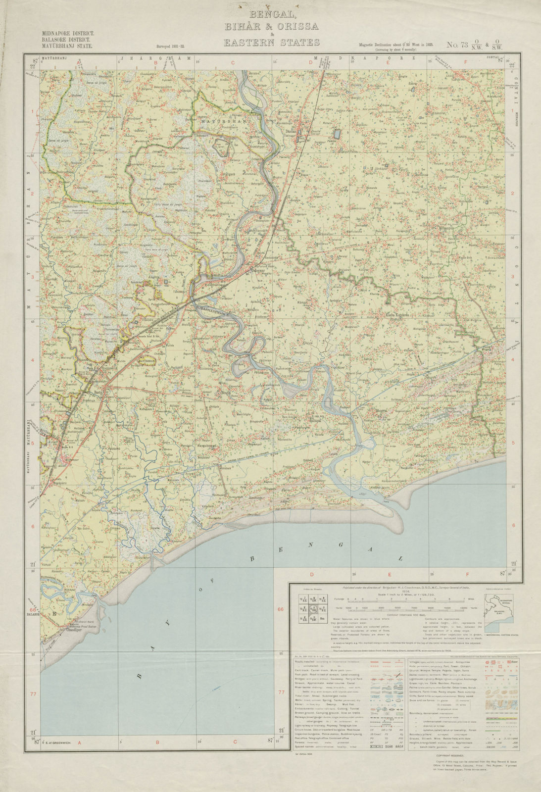 SURVEY OF INDIA 73 O/NW O/SW West Bengal Odisha Subarnarekha Jaleswar 1934 map
