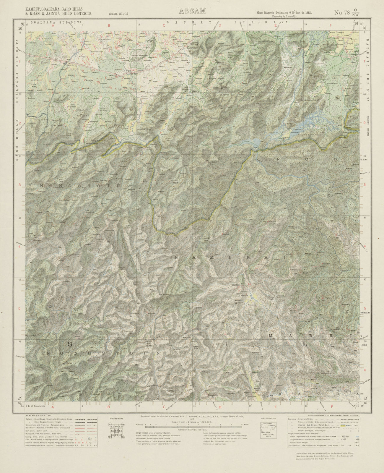 SURVEY OF INDIA 78 O/NW West Khasi Hills Meghalaya Nongstoin Rambrai 1917 map