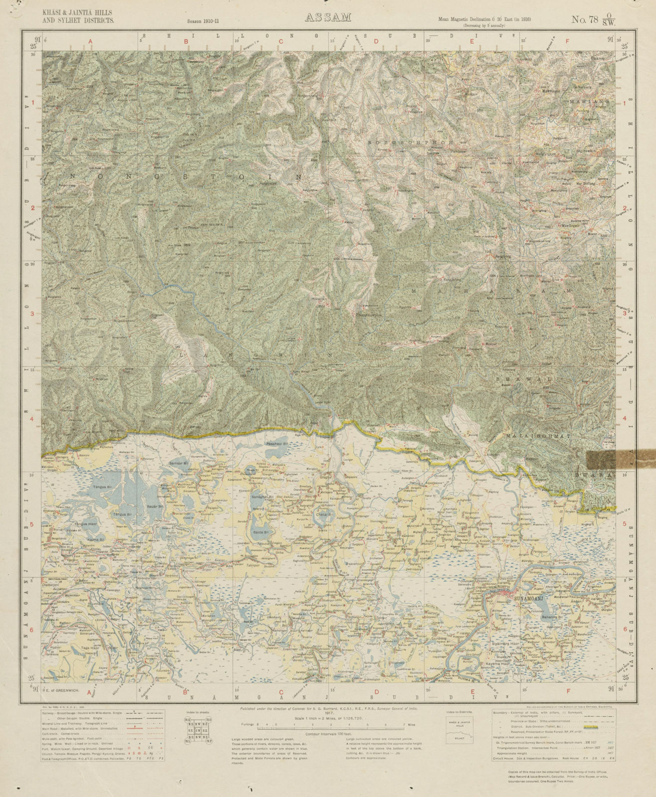 SURVEY OF INDIA 78 O/SW Bangladesh Sunamganj Cherrapunji-Mawsynram 1917 map