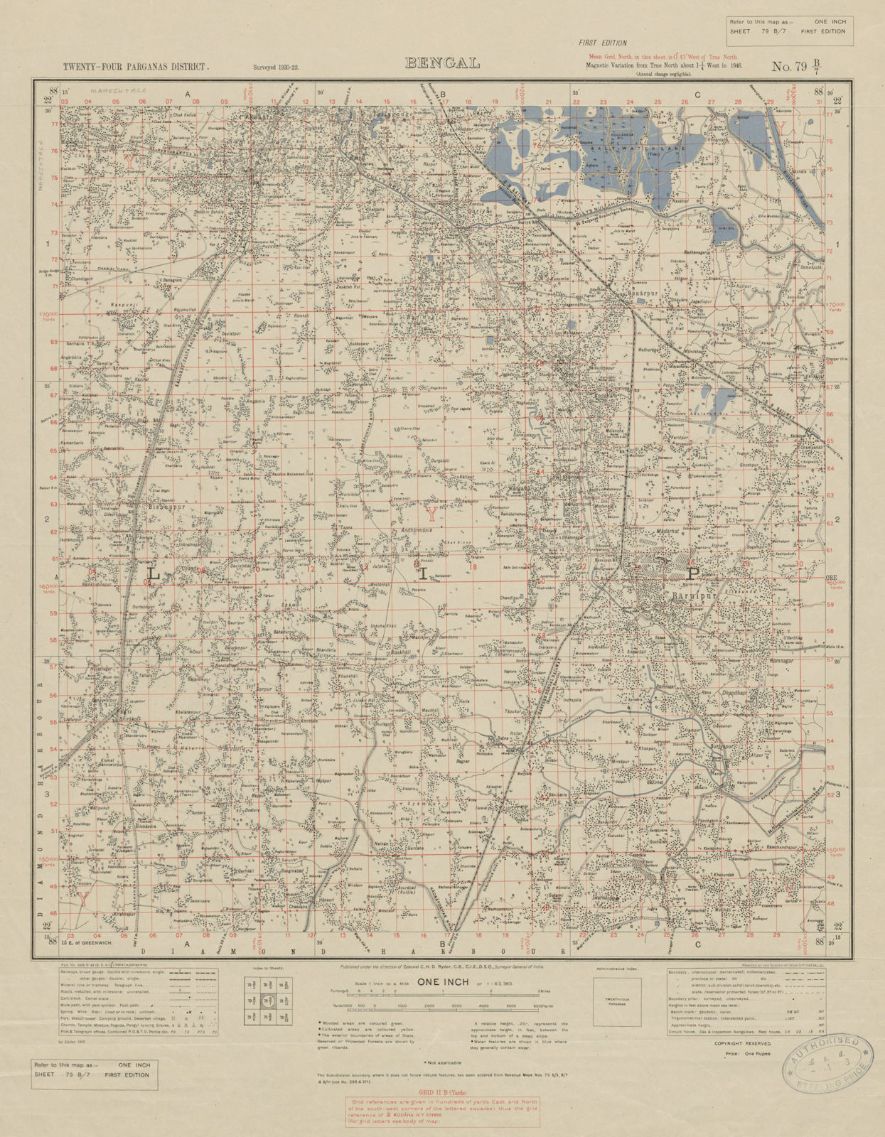 SURVEY OF INDIA 79 B/7 West Bengal S Kolkata Calcutta Baruipur Sonarpur 1923 map
