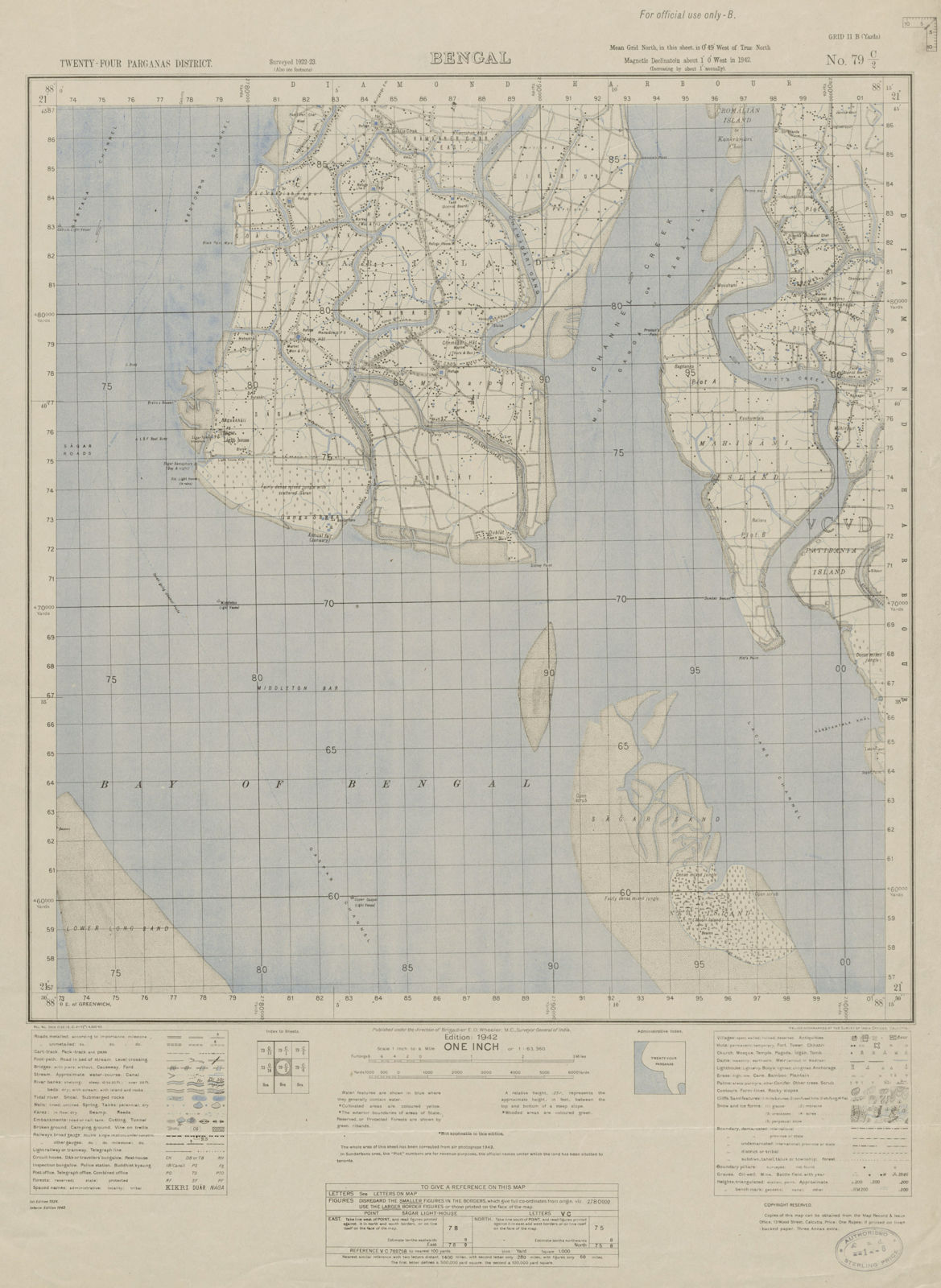 SURVEY OF INDIA 79 C/2 West Bengal Hooghly Estuary Sagar Island Mousuni 1942 map