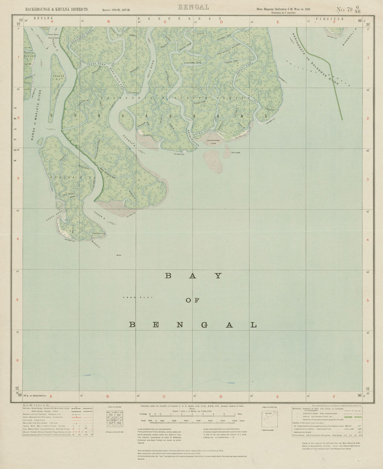 SURVEY OF INDIA 79 G/NE Bangladesh Khulna Sundarbans Forest Bay/Bengal 1924 map