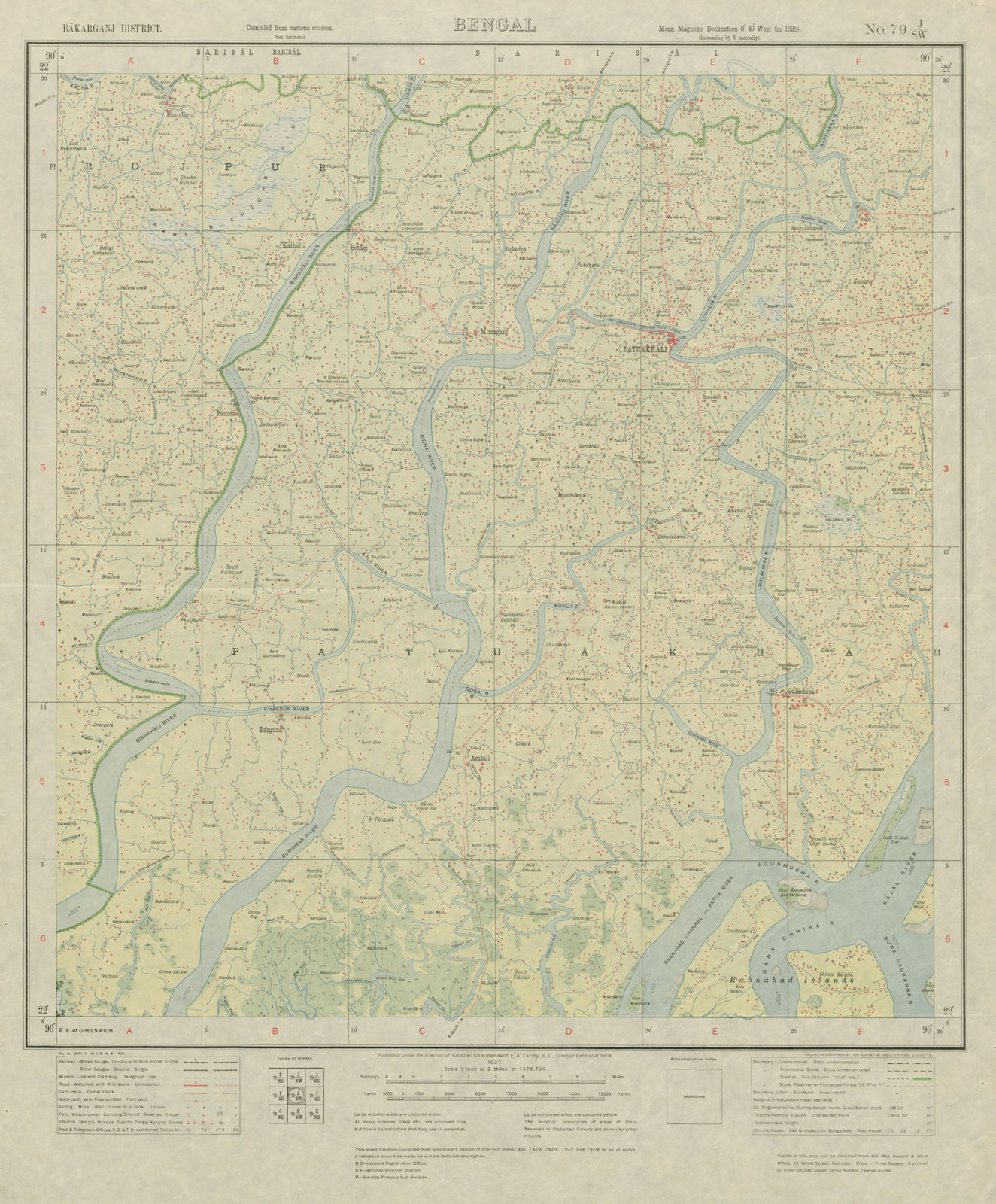 SURVEY OF INDIA 79 J/SW Bangladesh Barisal Div. Patuakhali Rabnabad 1927 map