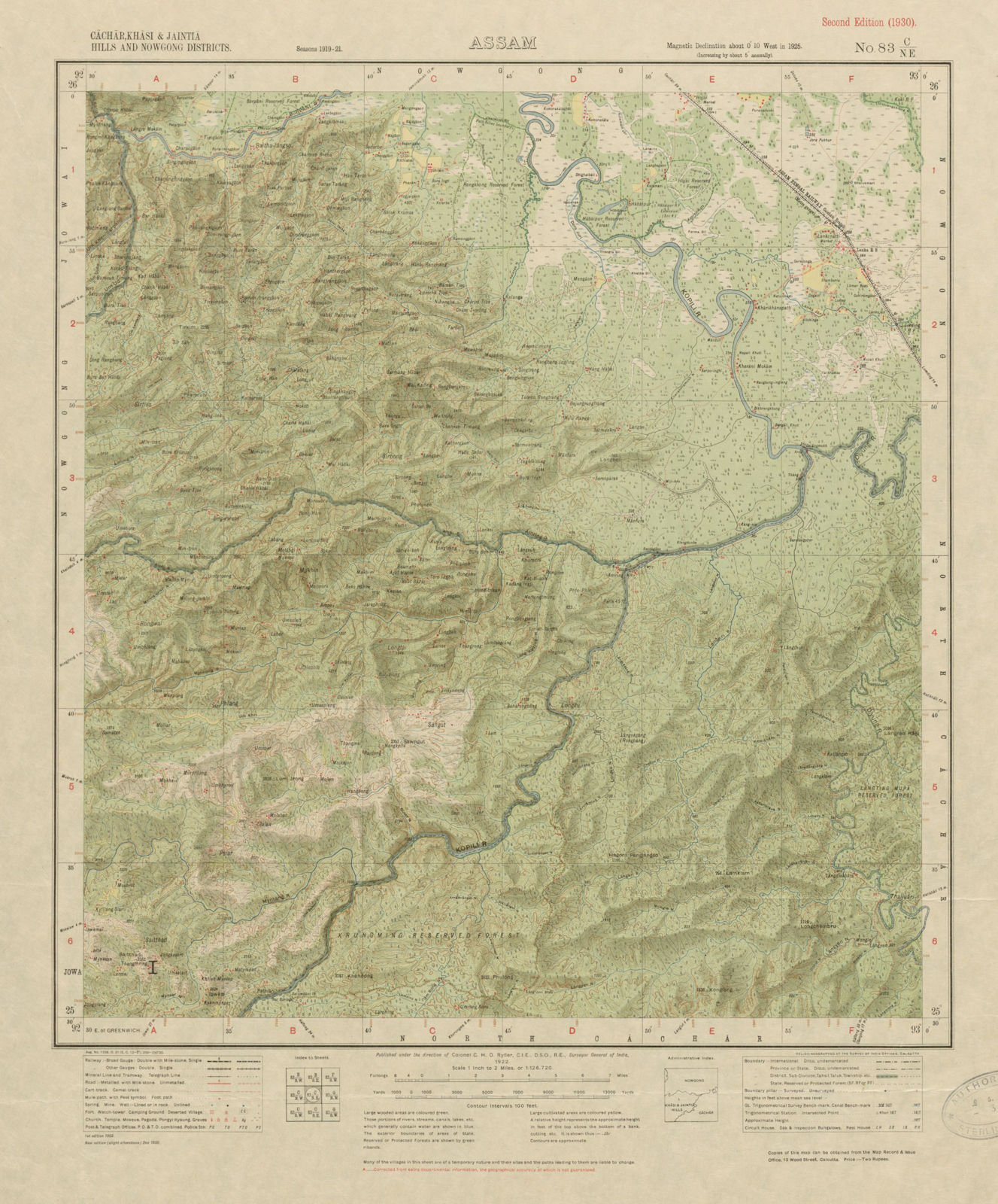SURVEY OF INDIA 83 C/NE Assam Hojai Lanka Kopili River 1922 old antique map