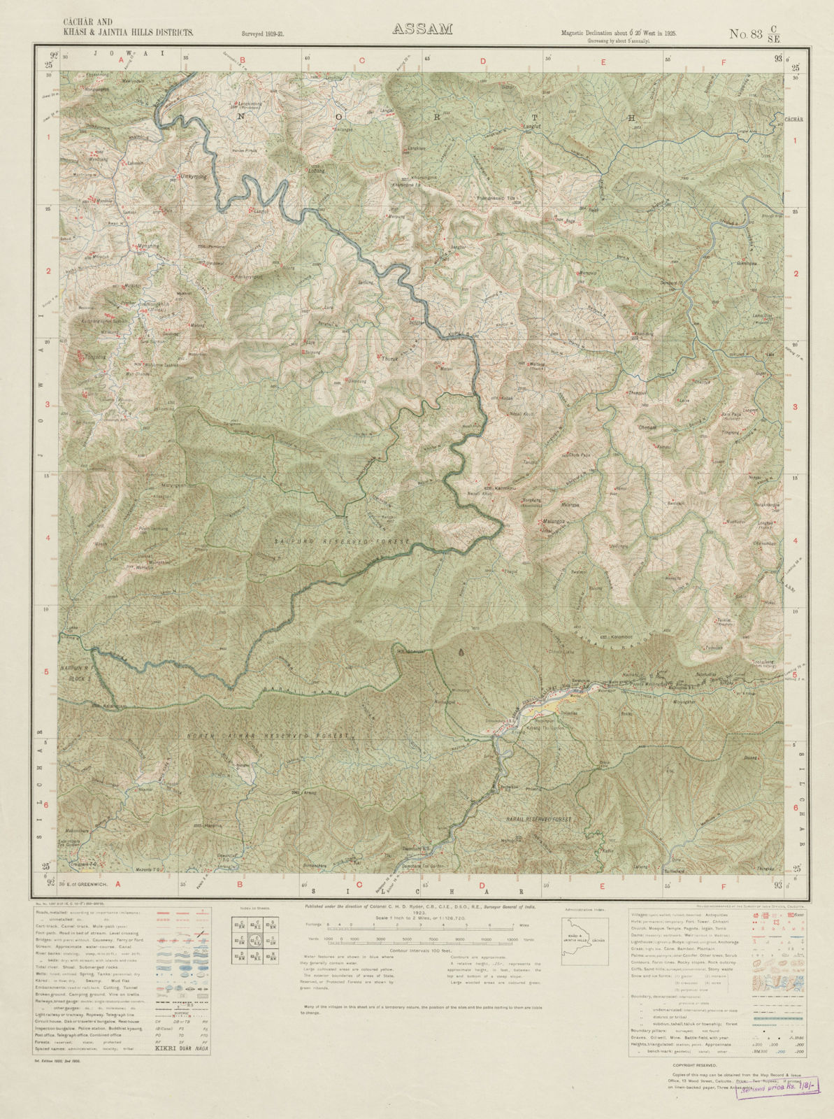 SURVEY OF INDIA 83 C/SE Assam Meghalaya Harangajao Saipung Forest  1923 map