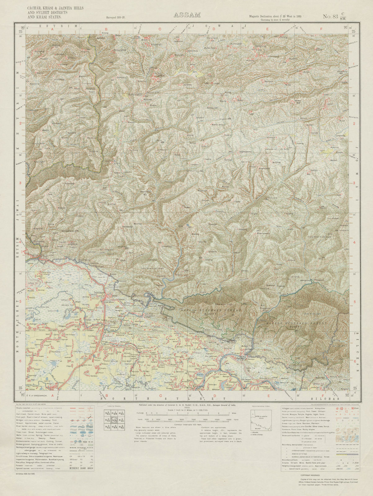 SURVEY OF INDIA 83 C/SW Bangladesh Meghalaya Sylhet Jowai Jaintiapur 1922 map